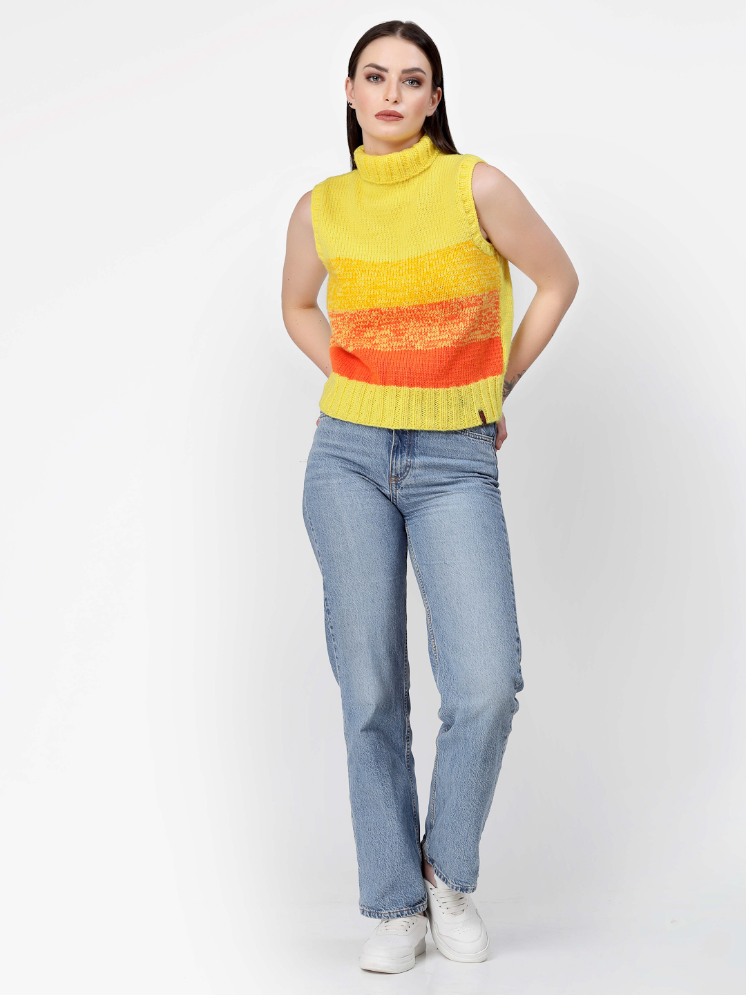 Handknitted Turtleneck Shaded Pattern Sweater - Yellow