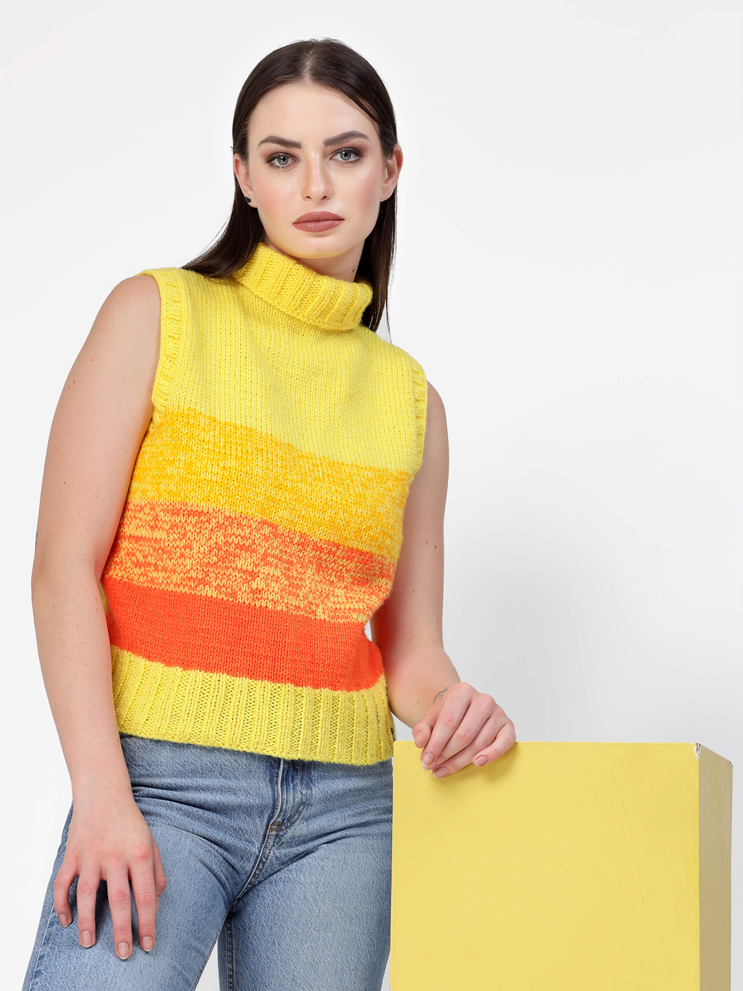 Handknitted Turtleneck Shaded Pattern Sweater - Yellow