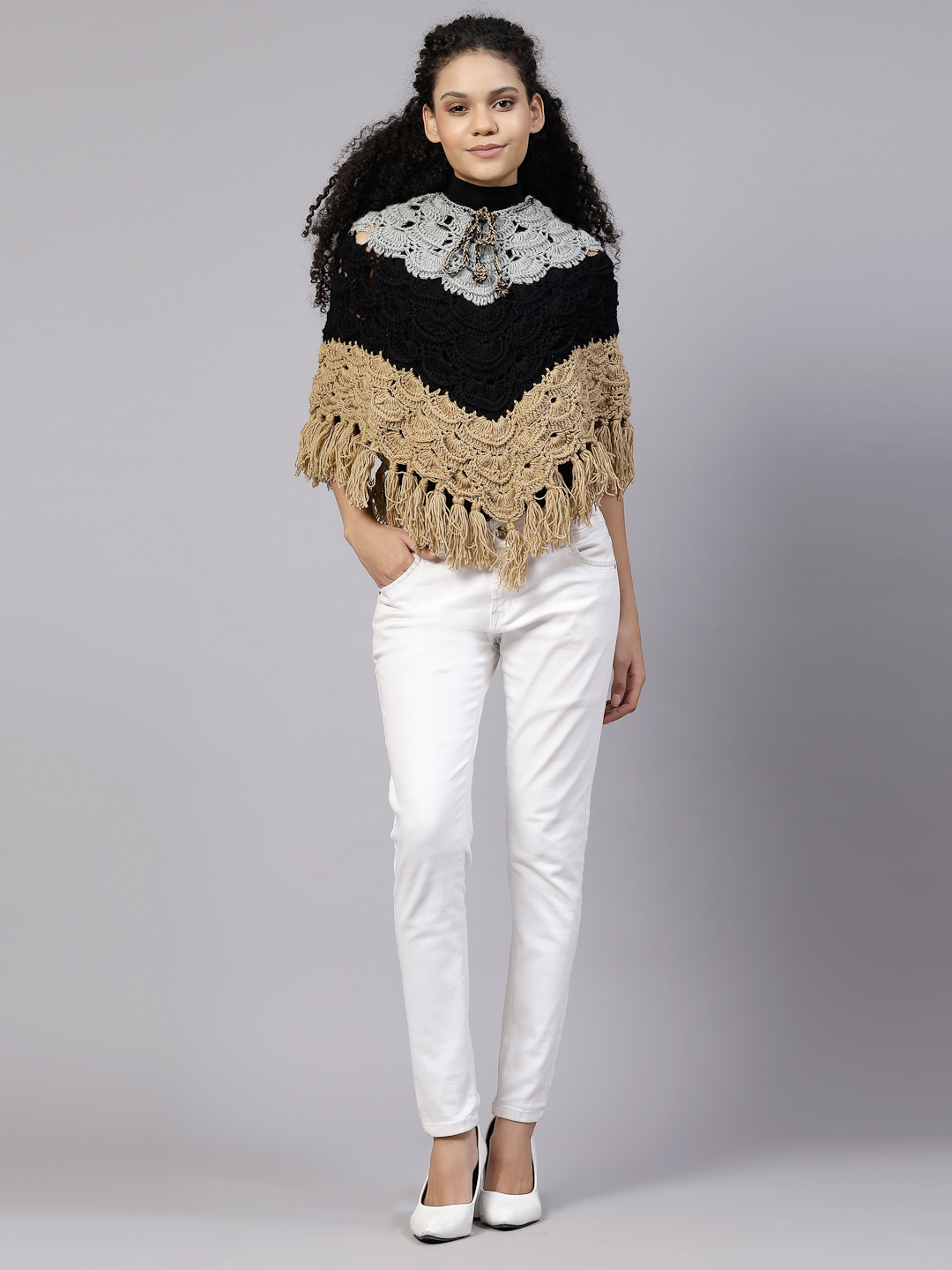 Crochet Leaf Design Poncho with Fringes - Tricolour