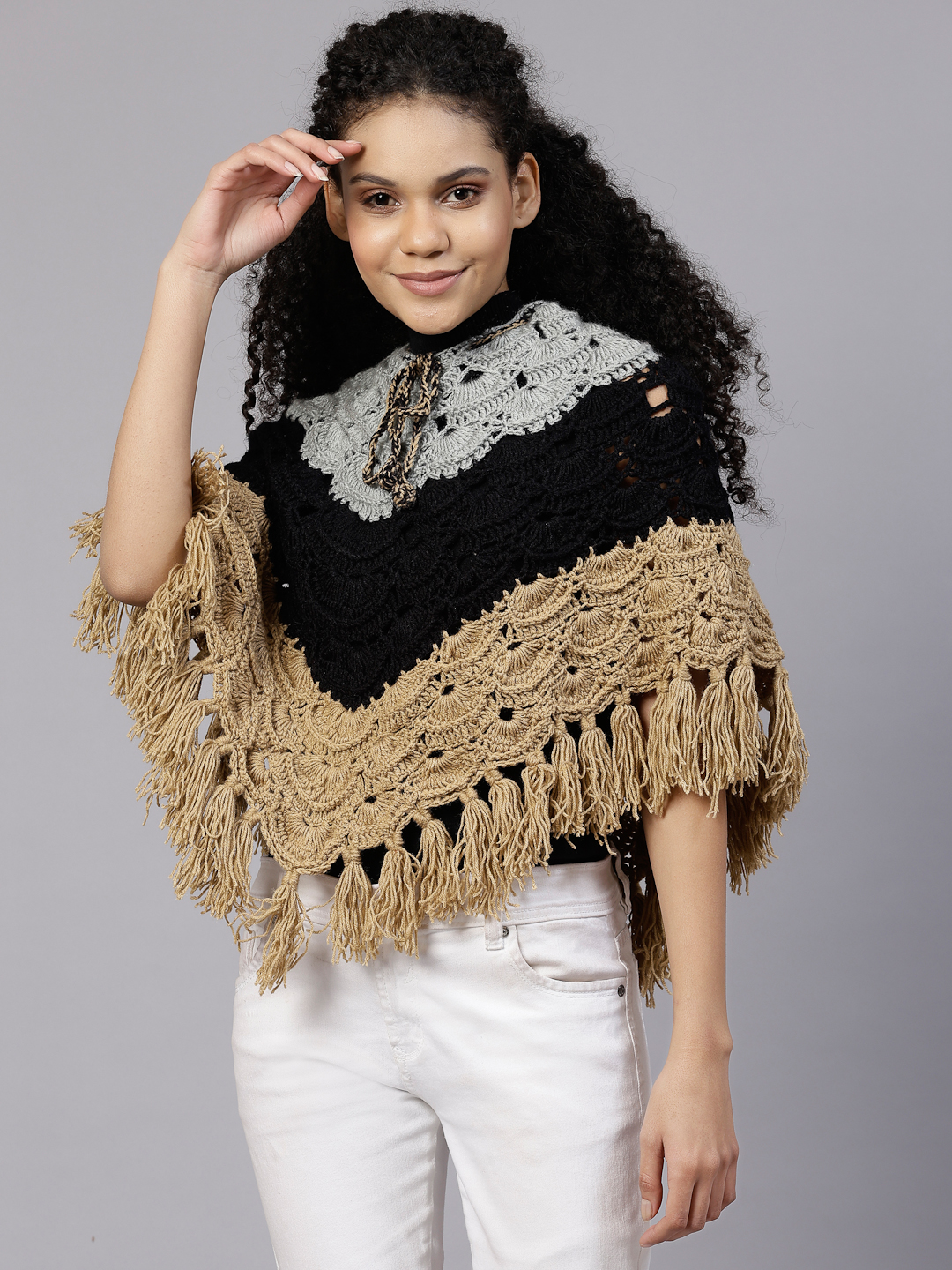 Crochet Leaf Design Poncho with Fringes - Tricolour