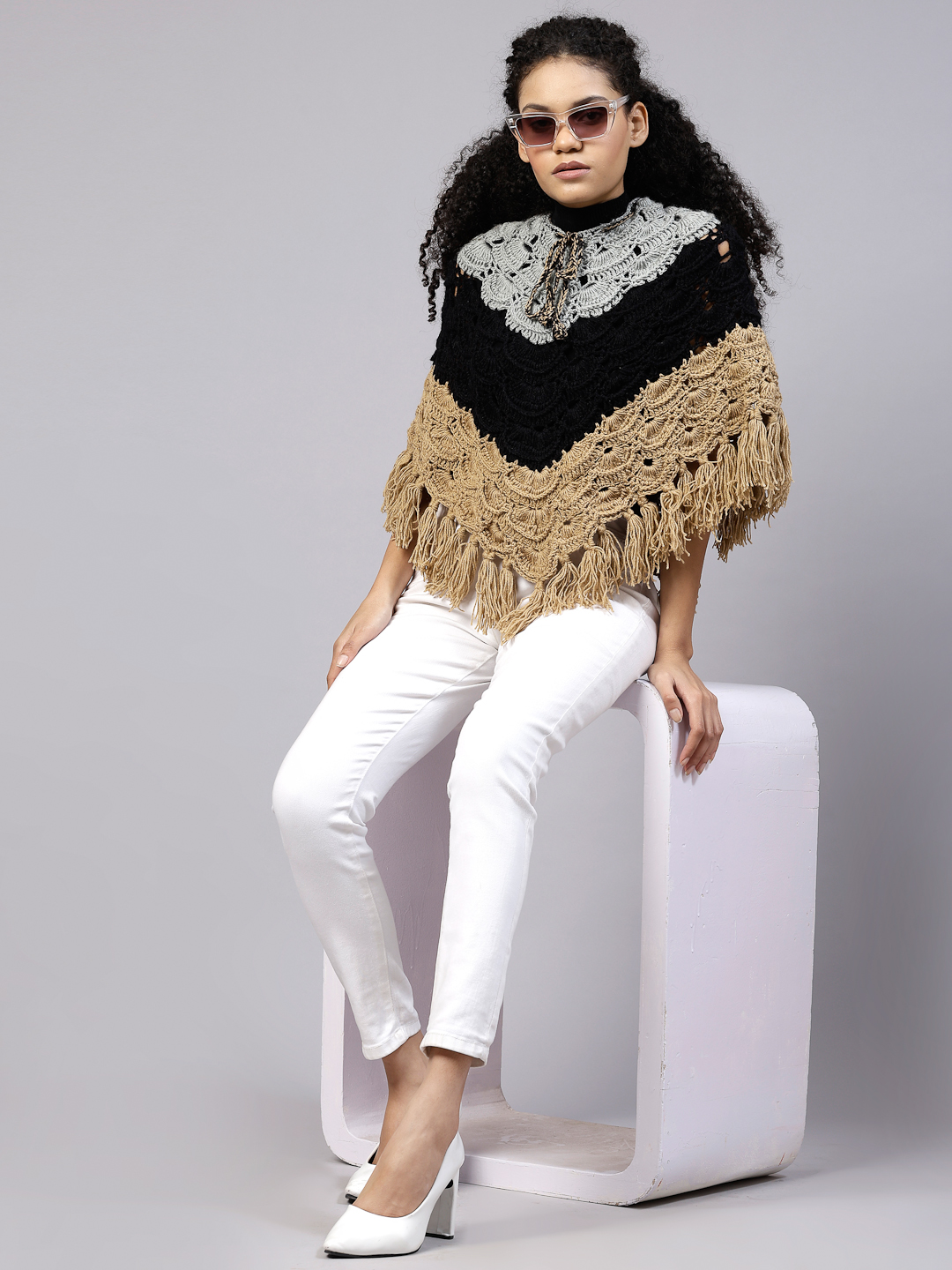 Crochet Leaf Design Poncho with Fringes - Tricolour