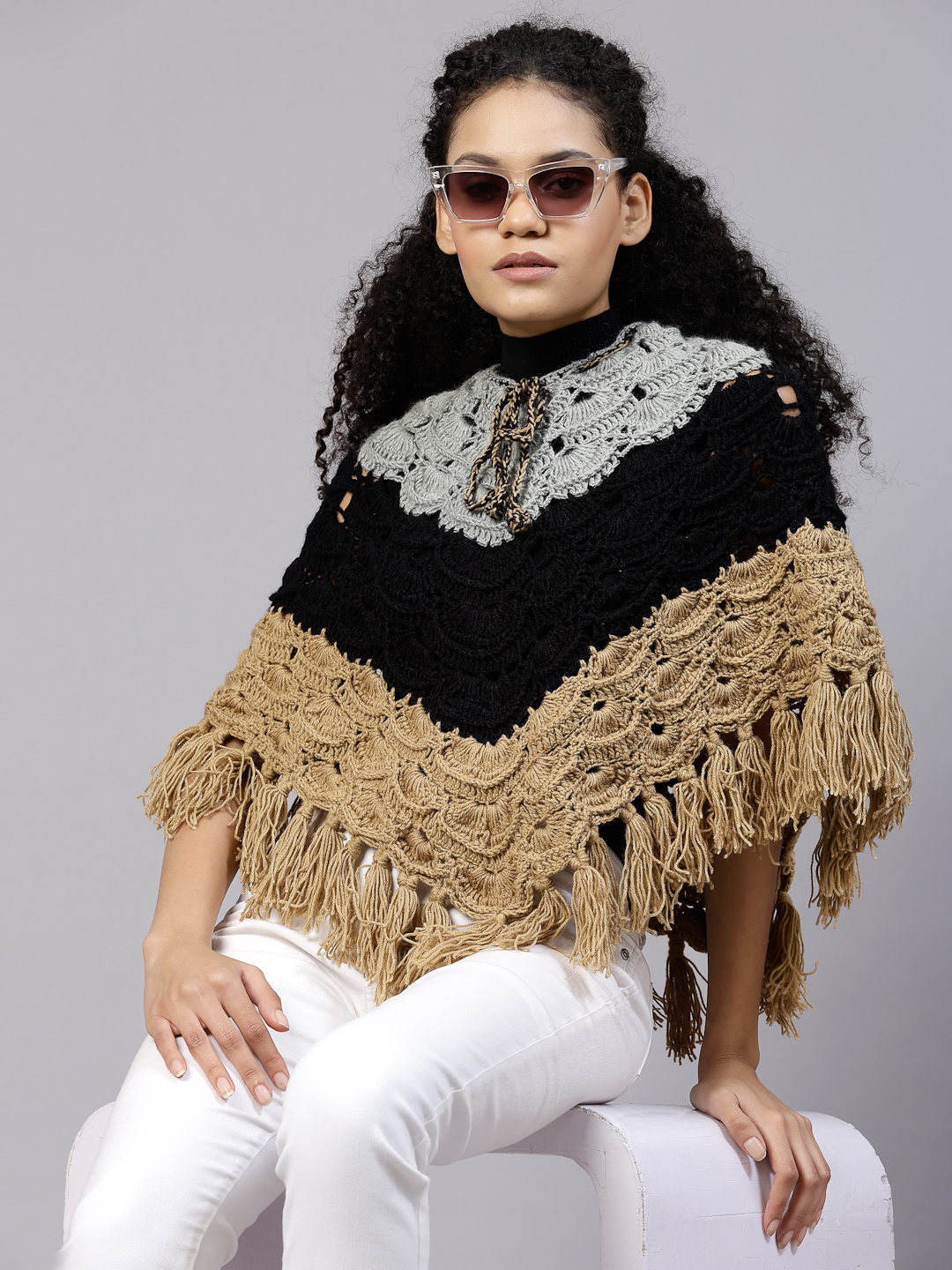 Crochet Leaf Design Poncho with Fringes - Tricolour
