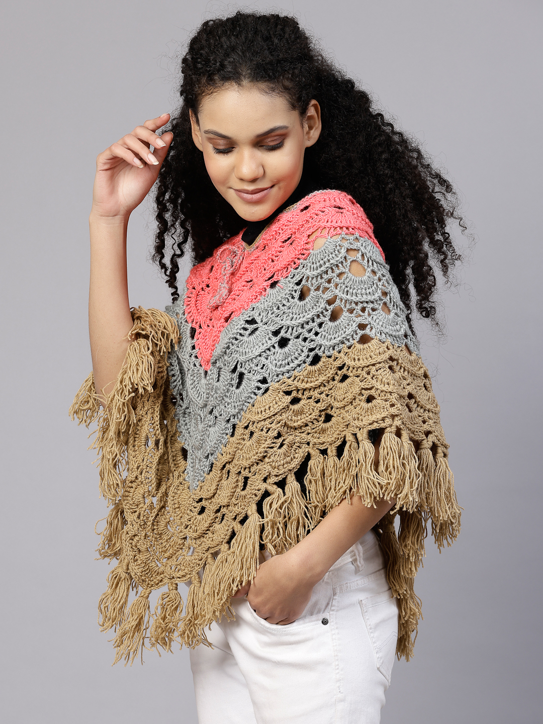 Crochet Leaf Design Poncho with Fringes - Beige