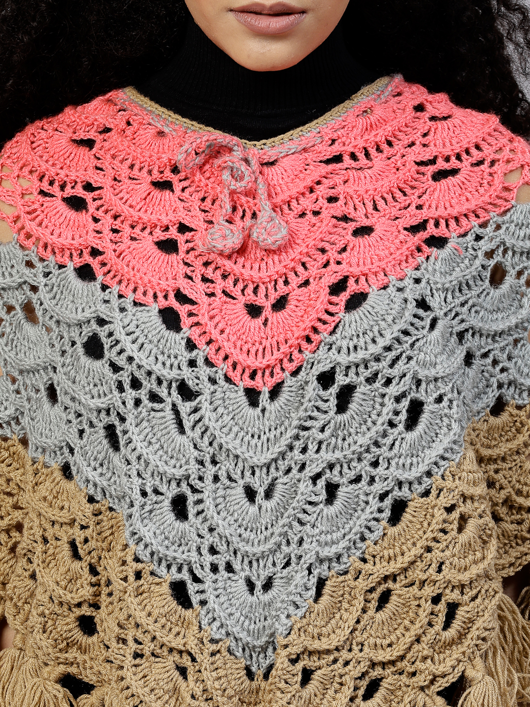 Crochet Leaf Design Poncho with Fringes - Beige
