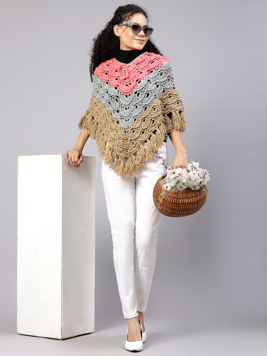 Crochet Leaf Design Poncho with Fringes - Beige