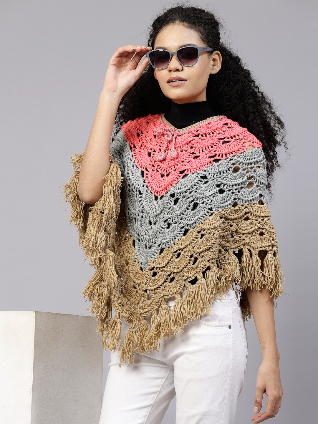 Crochet Leaf Design Poncho with Fringes - Beige