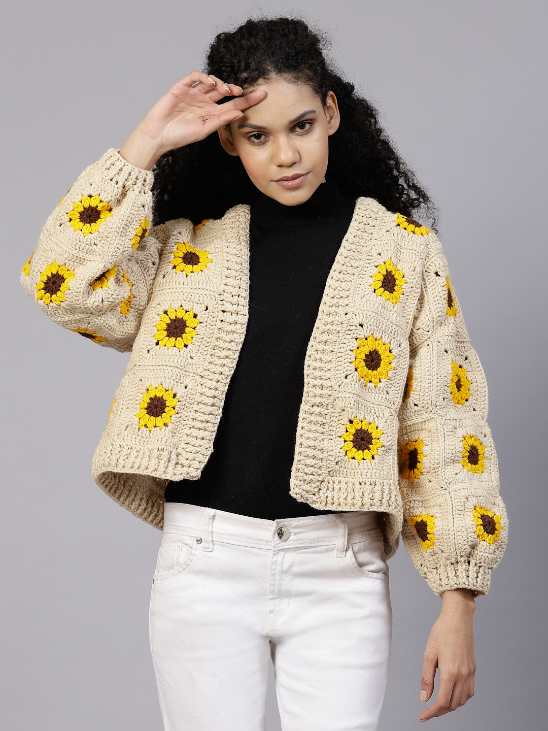 Beige Daisy Crochet Sweater for Women