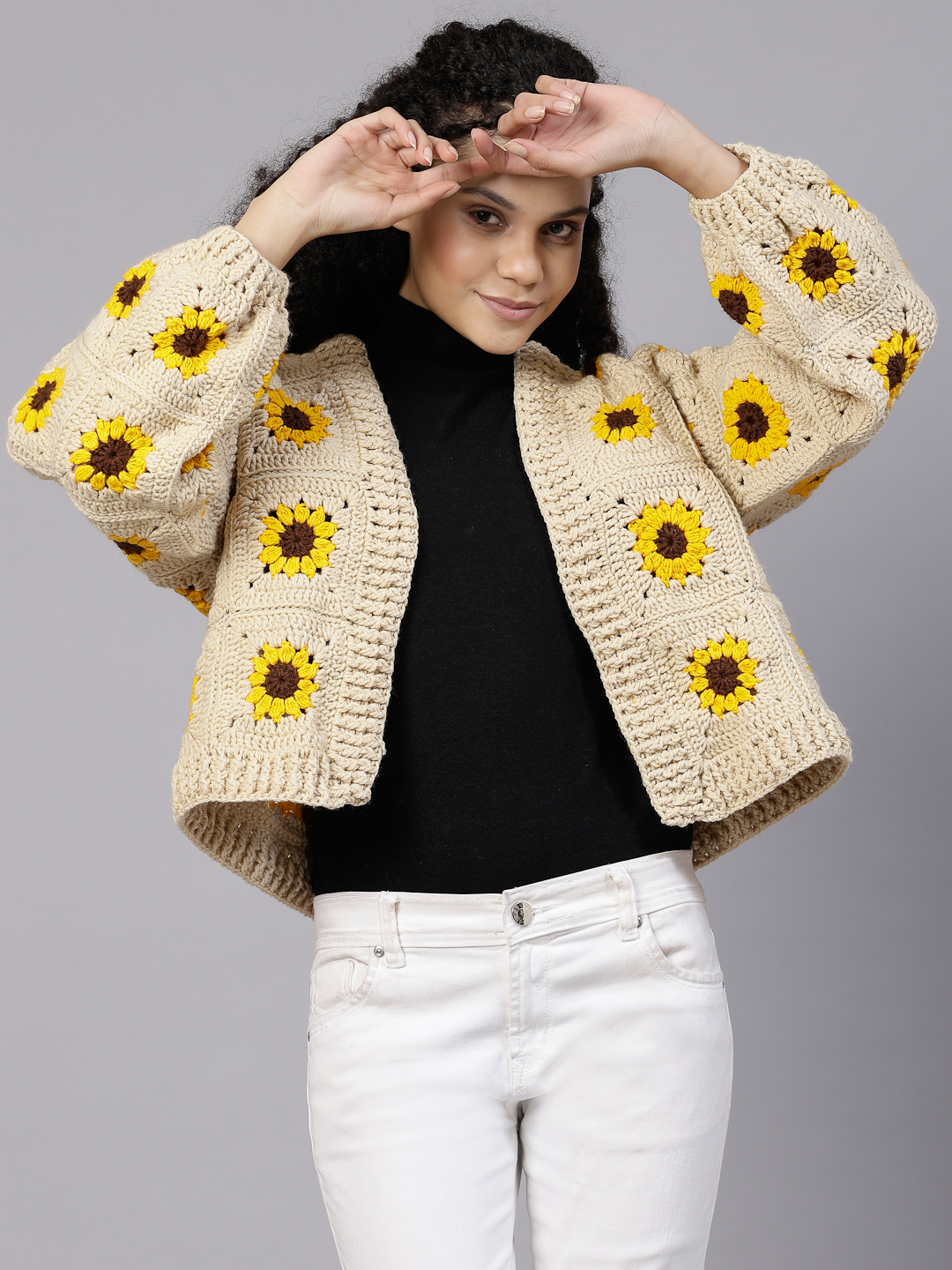 Beige Daisy Crochet Sweater for Women