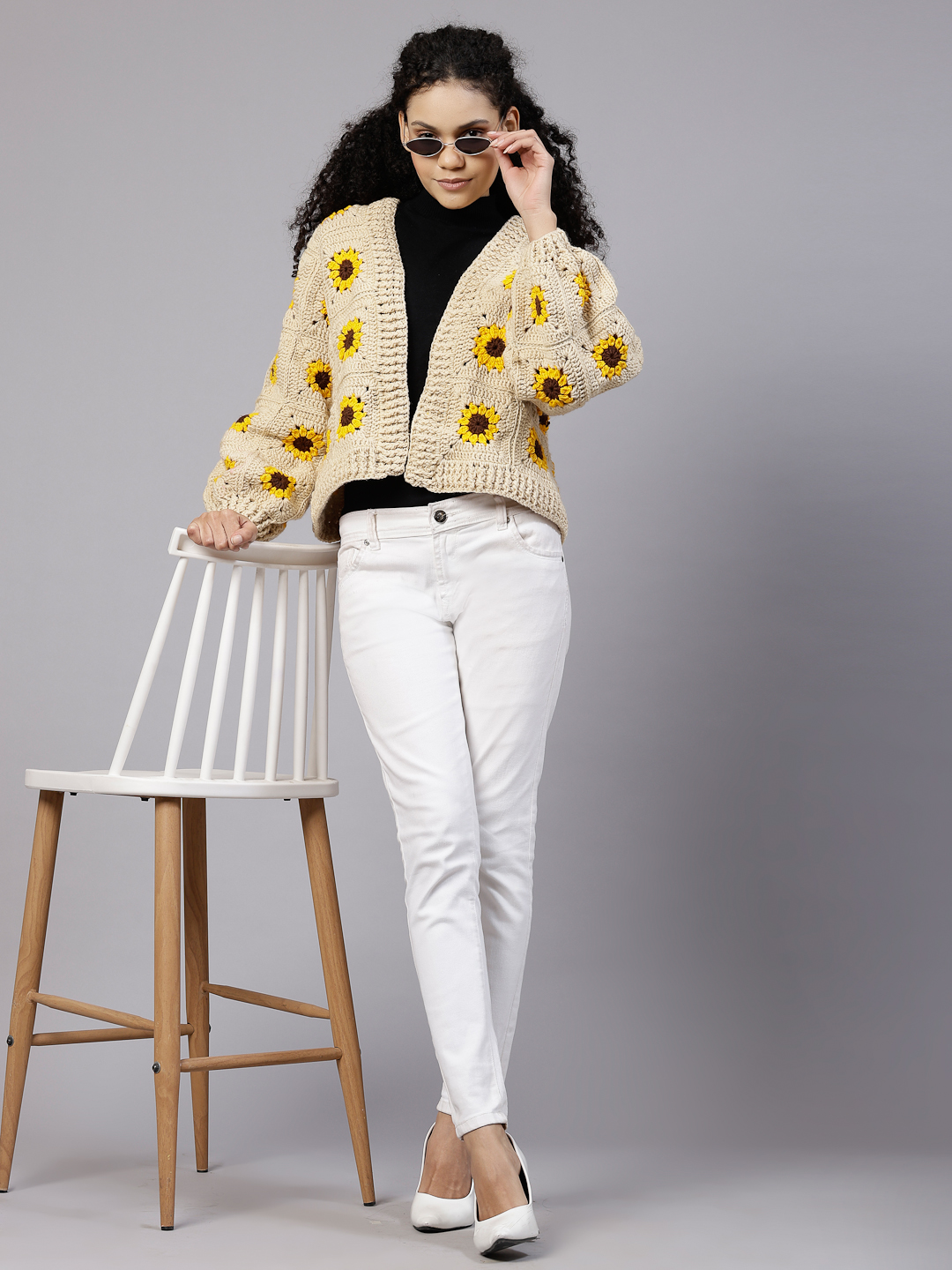 Beige Daisy Crochet Sweater for Women