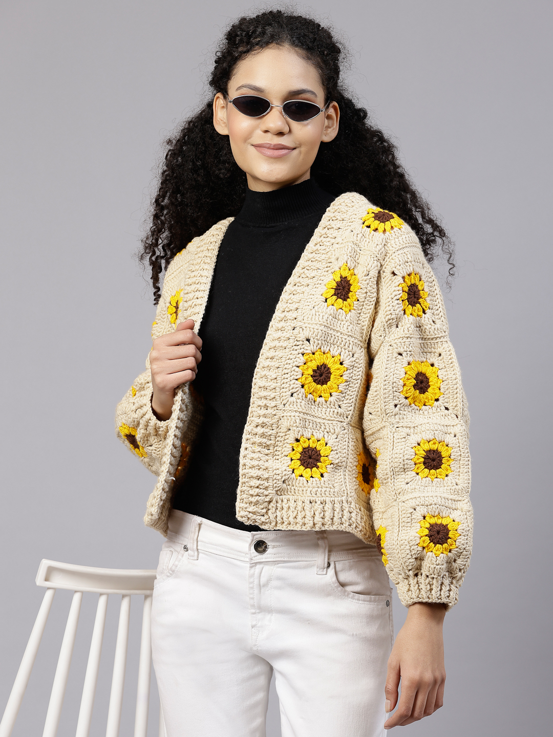 Beige Daisy Crochet Sweater for Women