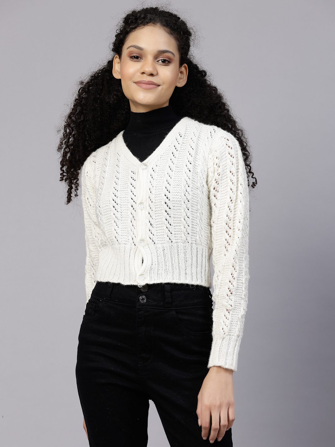 Handknitted Self Design Front Open Crop Sweater - Cream