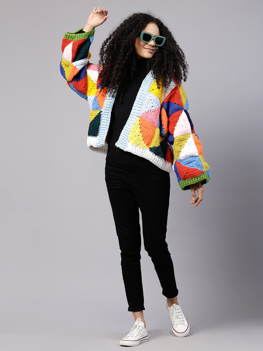 Crochet Granny Triangles Cardigan for Women - Multi