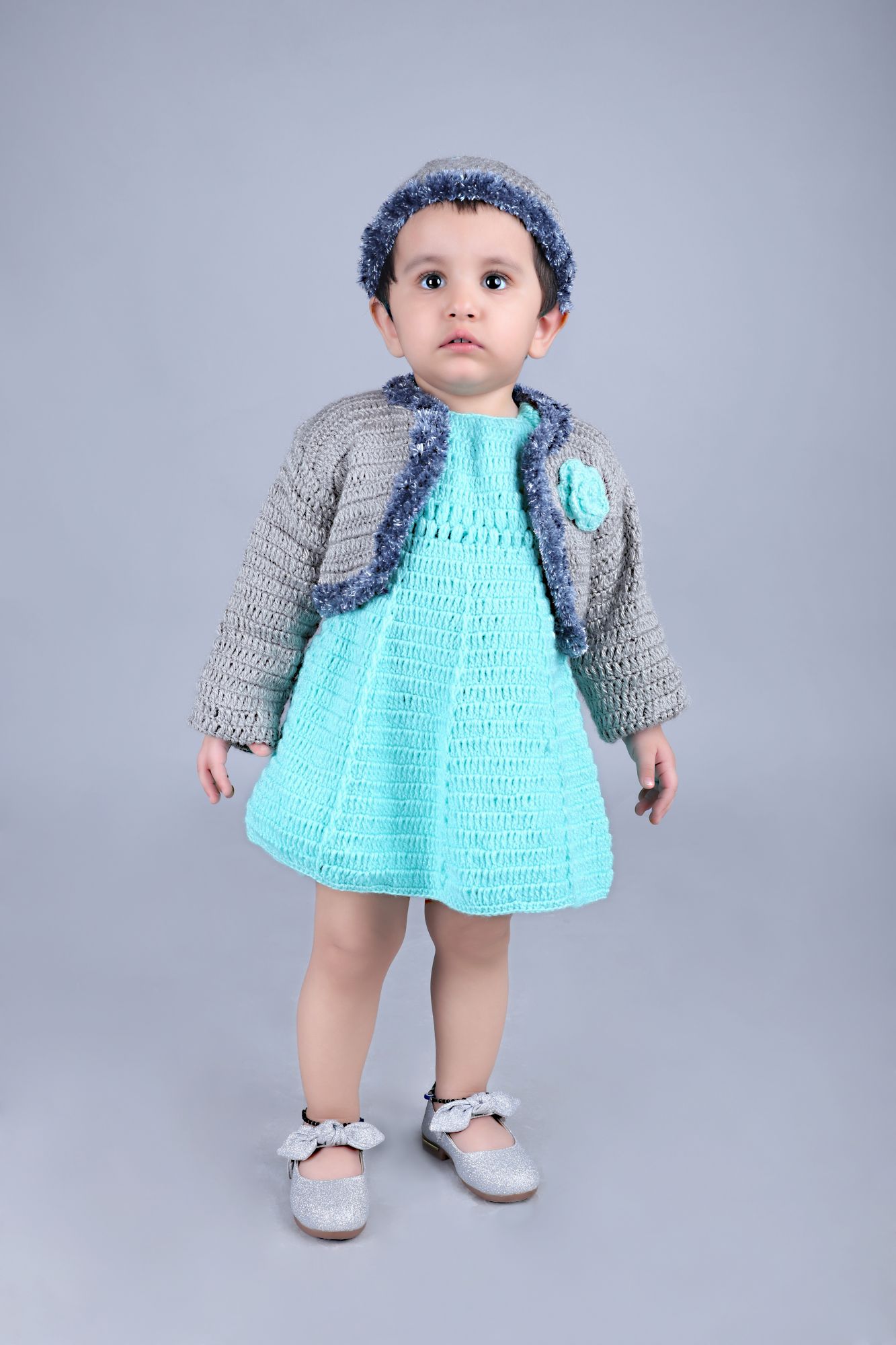 Woonie Solid Colour Handmade Dress With Full Sleeves Shrug & Cap - Green & Grey