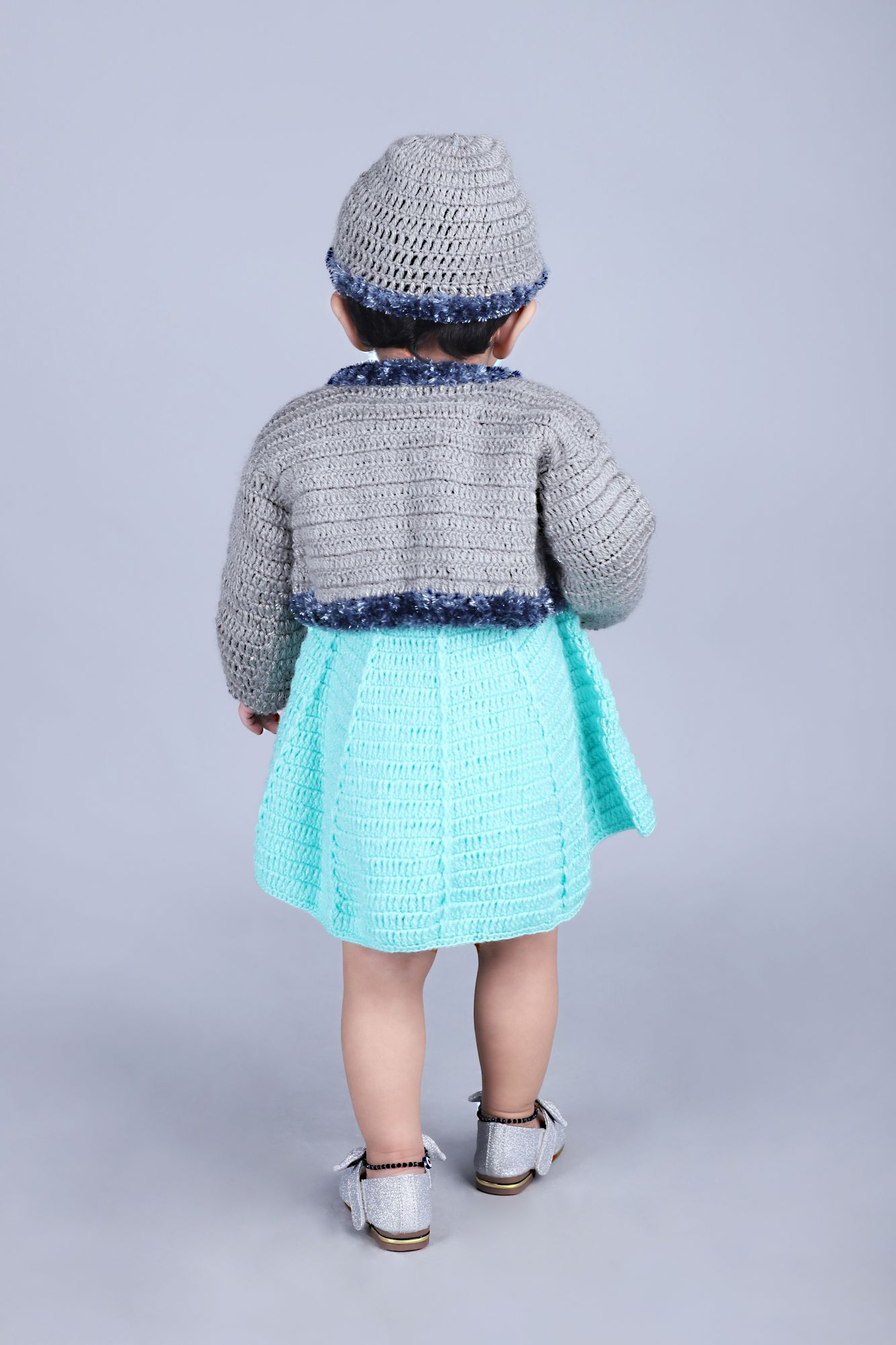 Woonie Solid Colour Handmade Dress With Full Sleeves Shrug & Cap - Green & Grey