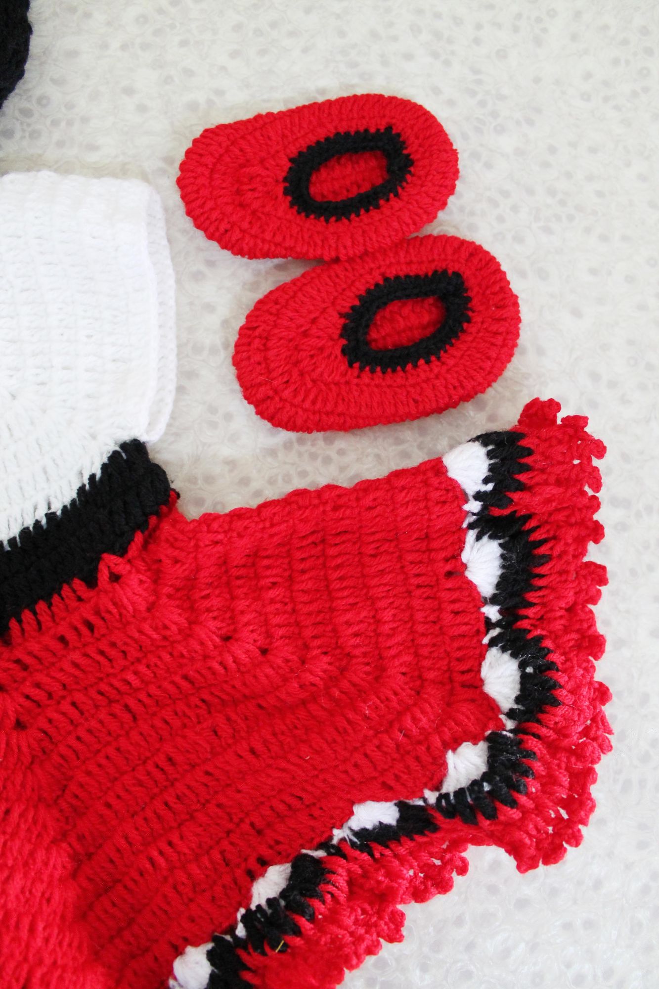 Red and White Heavy Frill Woolen Frock with Cap