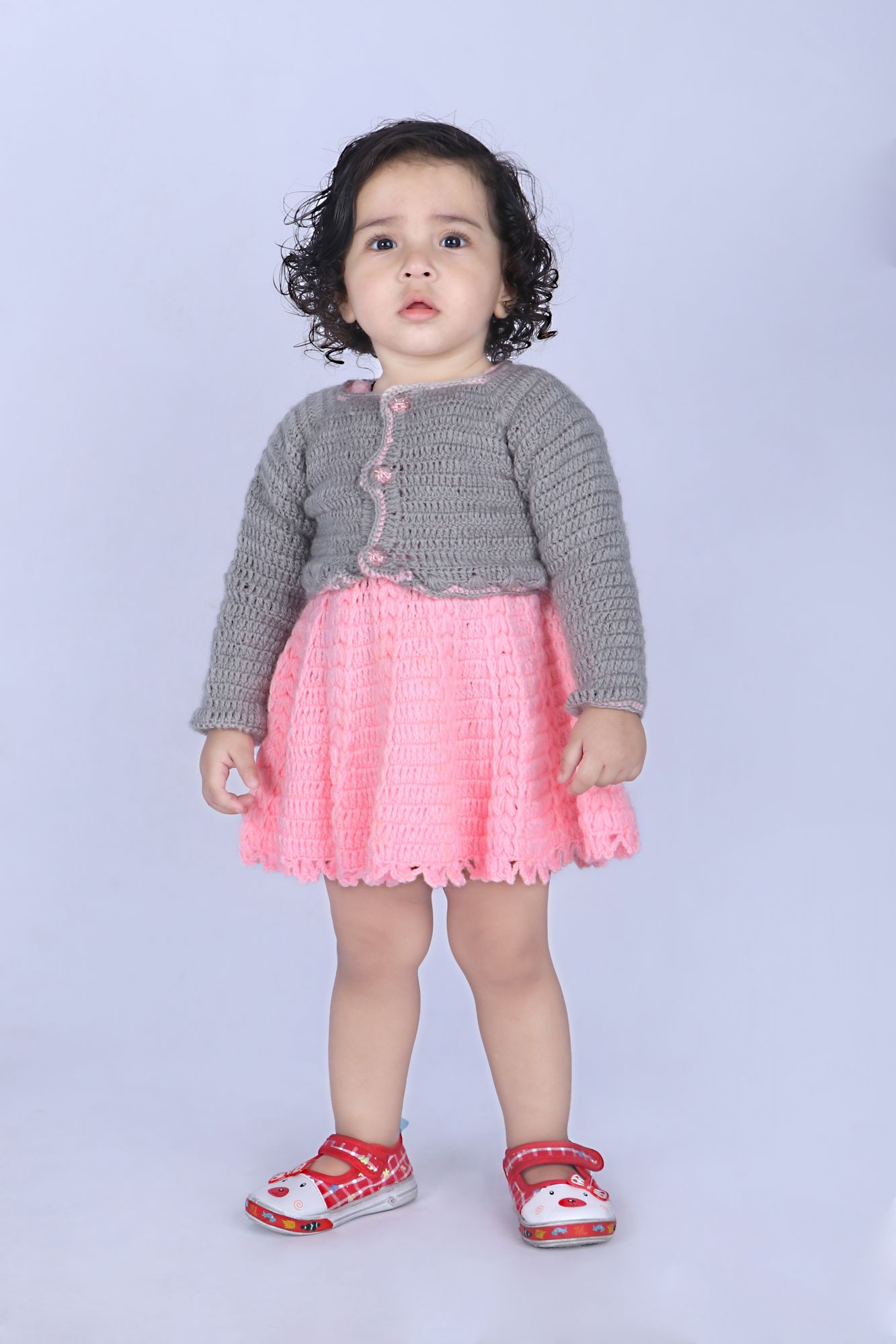 Woonie Solid Colour Handmade Dress With Full Sleeves Jacket - Pink