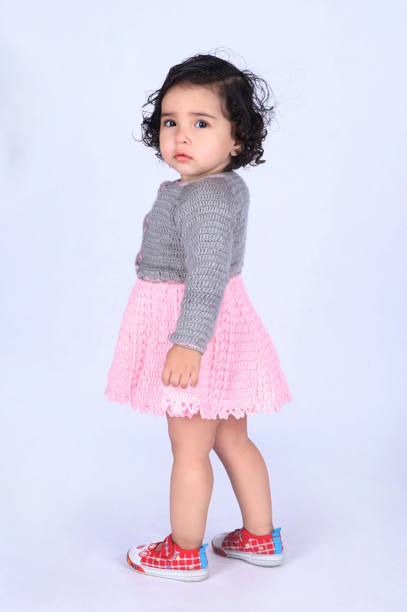 Woonie Solid Colour Handmade Dress With Full Sleeves Jacket - Pink