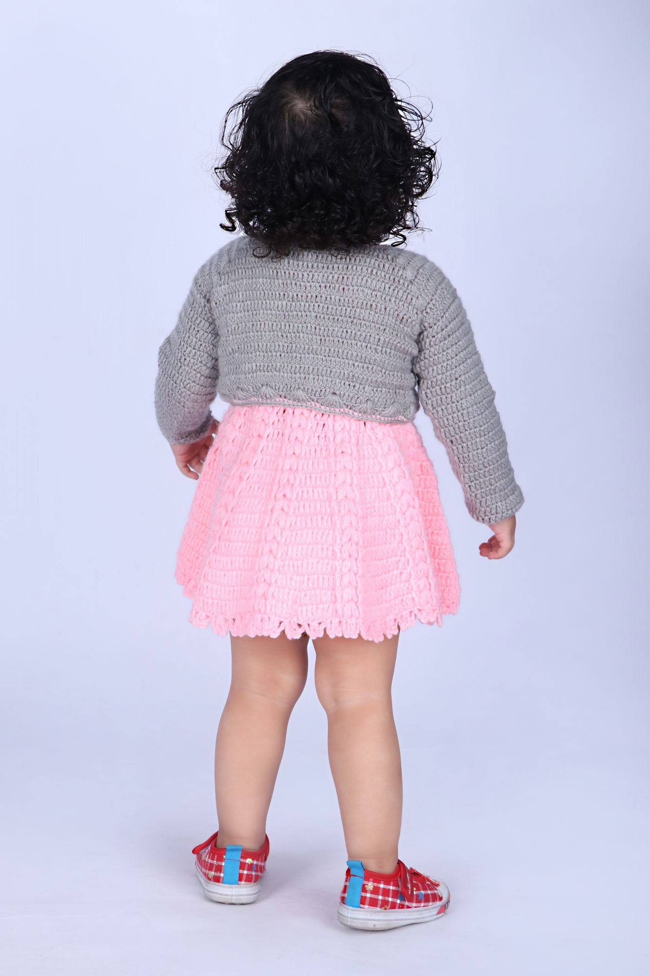 Woonie Solid Colour Handmade Dress With Full Sleeves Jacket - Pink