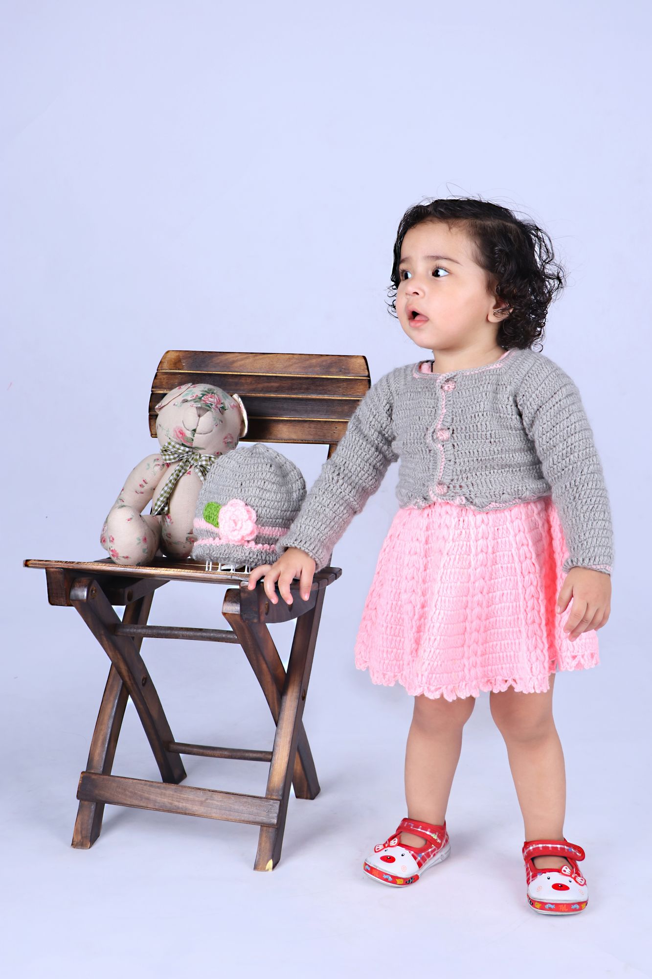 Woonie Solid Colour Handmade Dress With Full Sleeves Jacket - Pink