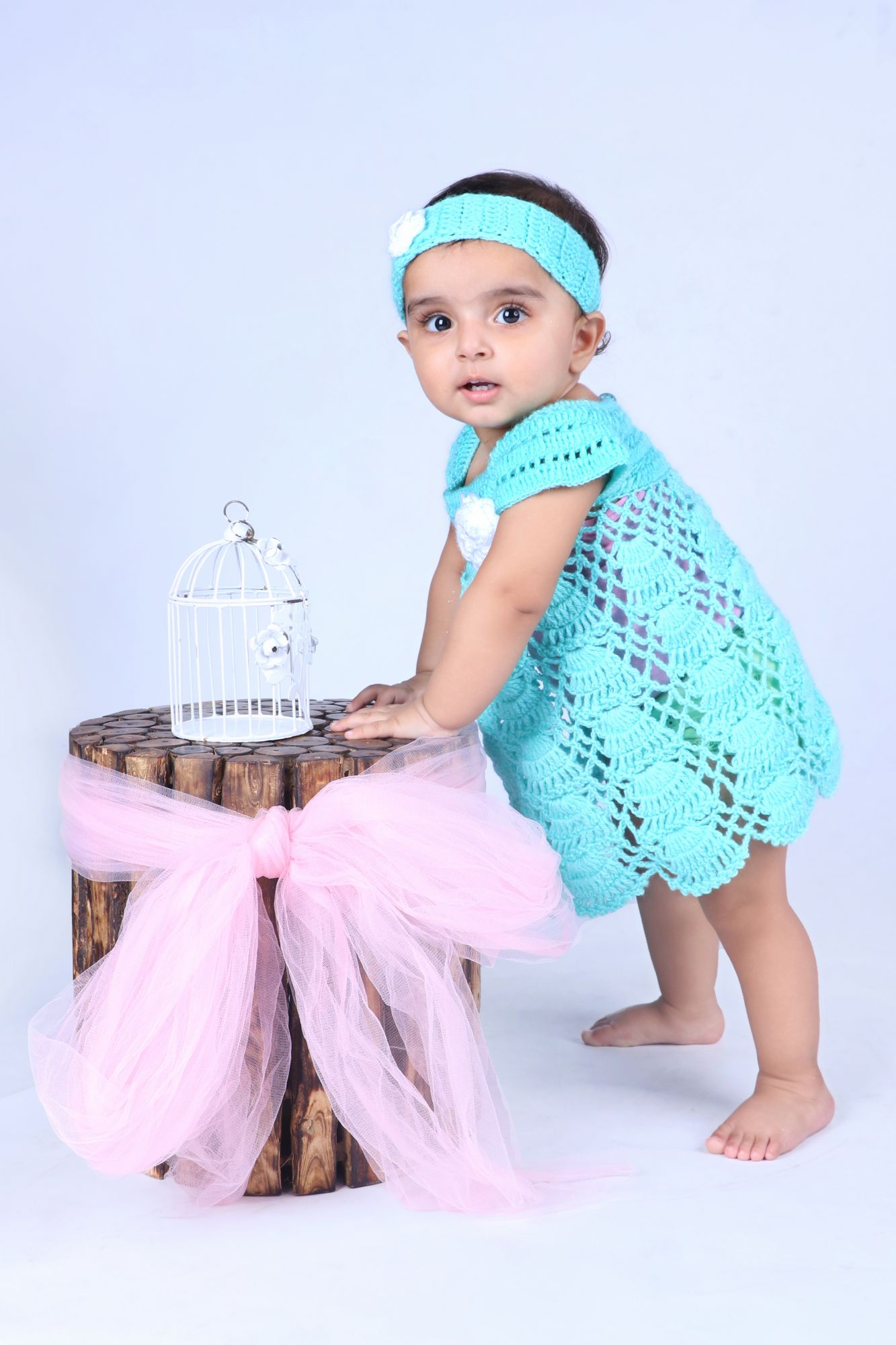 Woonie Short Sleeves Flower Design Dress With Headband - Green
