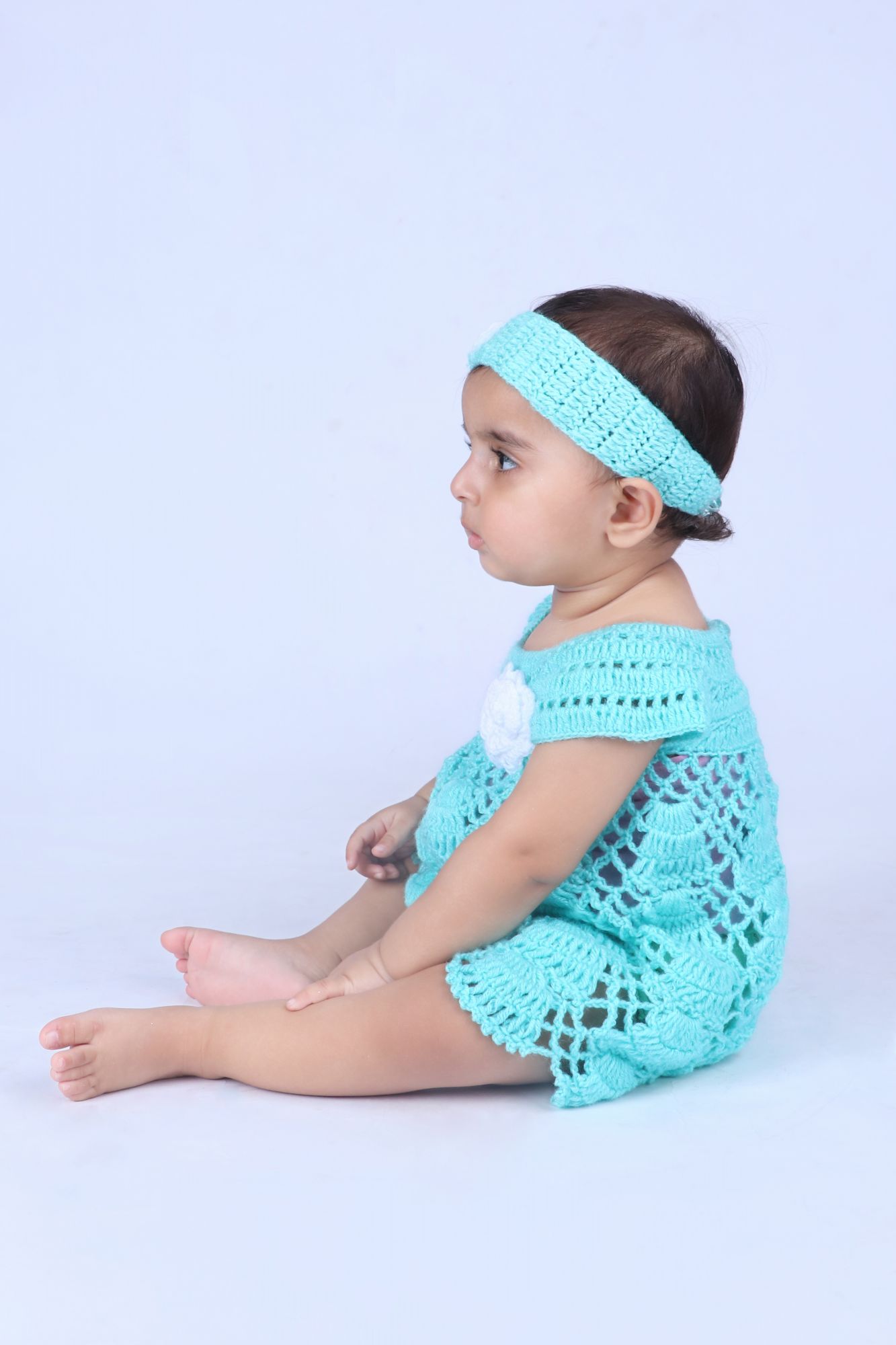 Woonie Short Sleeves Flower Design Dress With Headband - Green