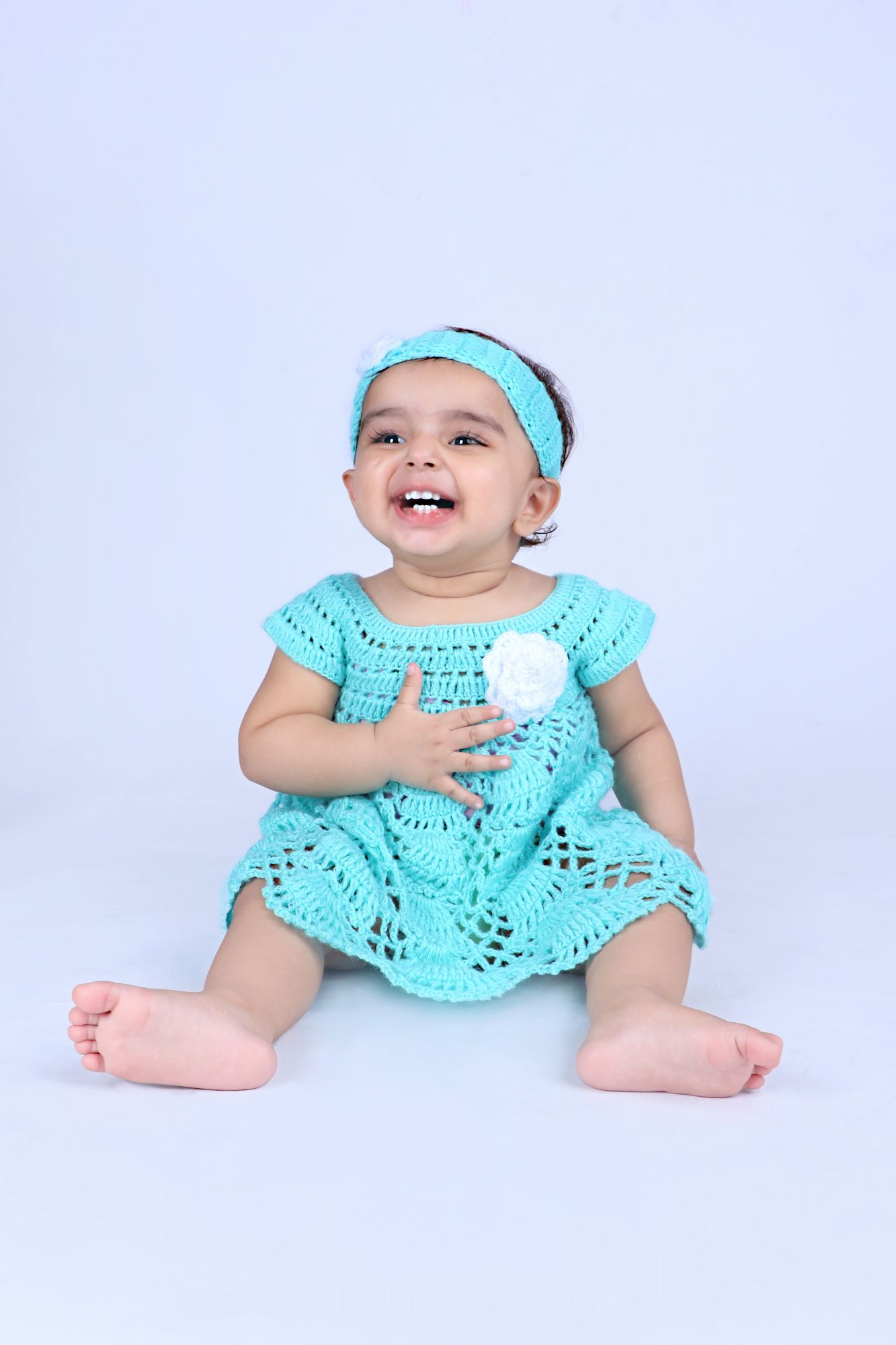 Woonie Short Sleeves Flower Design Dress With Headband - Green