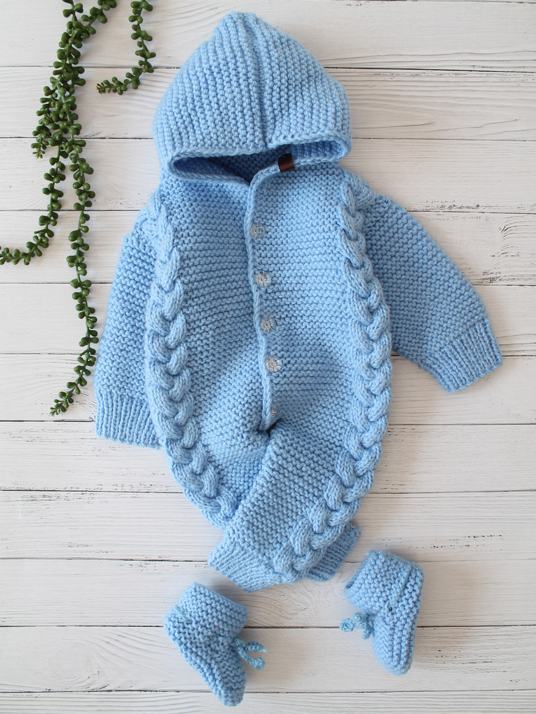Infants Hooded Hand Knitted Jumpsuit with Booties - Sky Blue