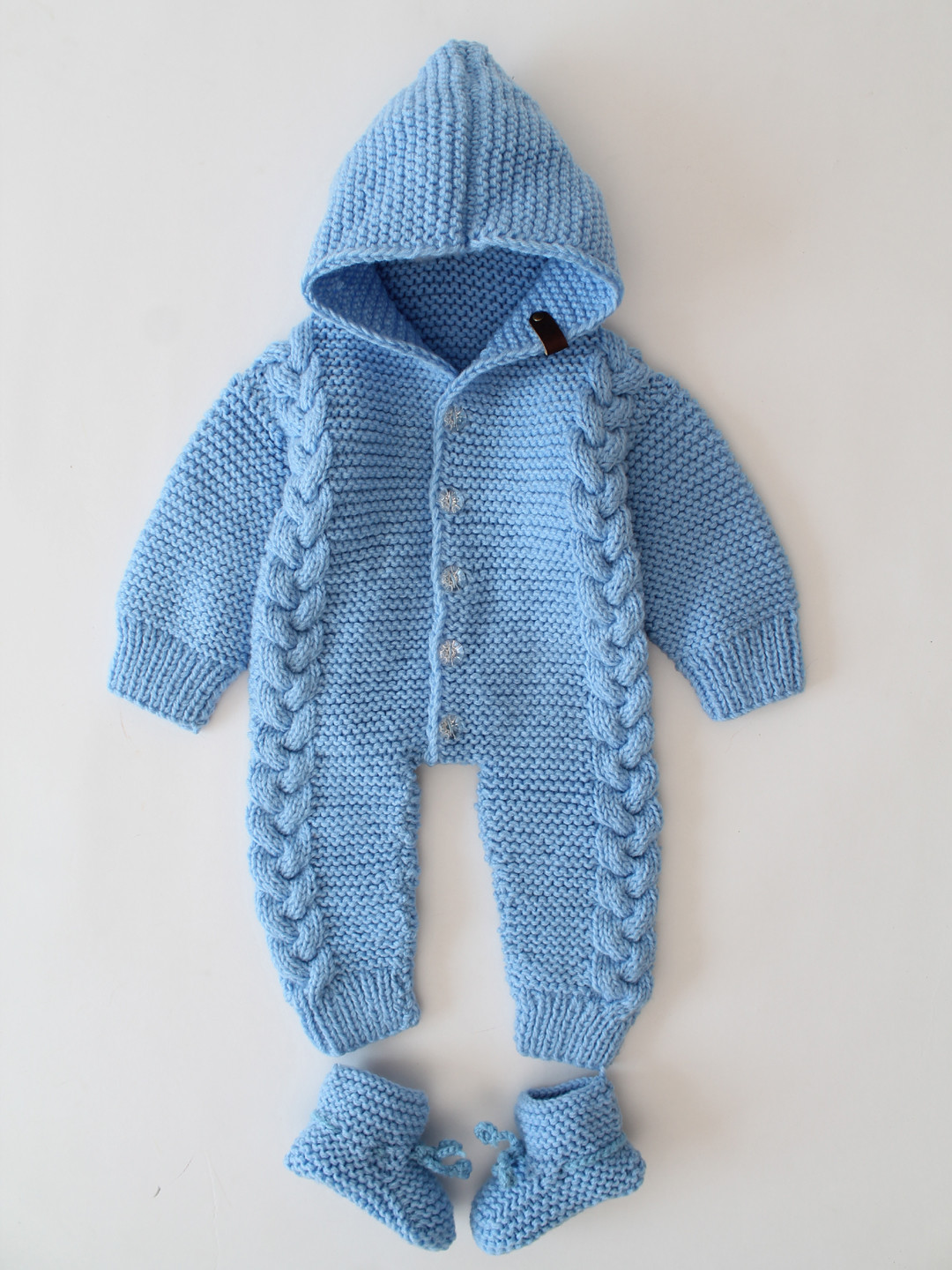 Infants Hooded Hand Knitted Jumpsuit with Booties - Sky Blue