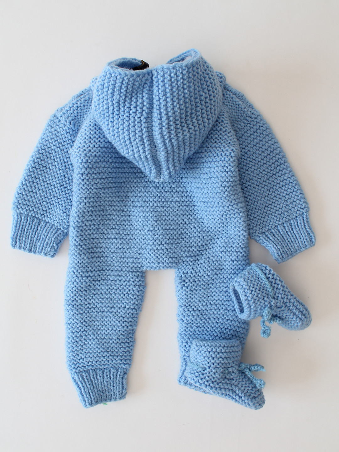 Infants Hooded Hand Knitted Jumpsuit with Booties - Sky Blue