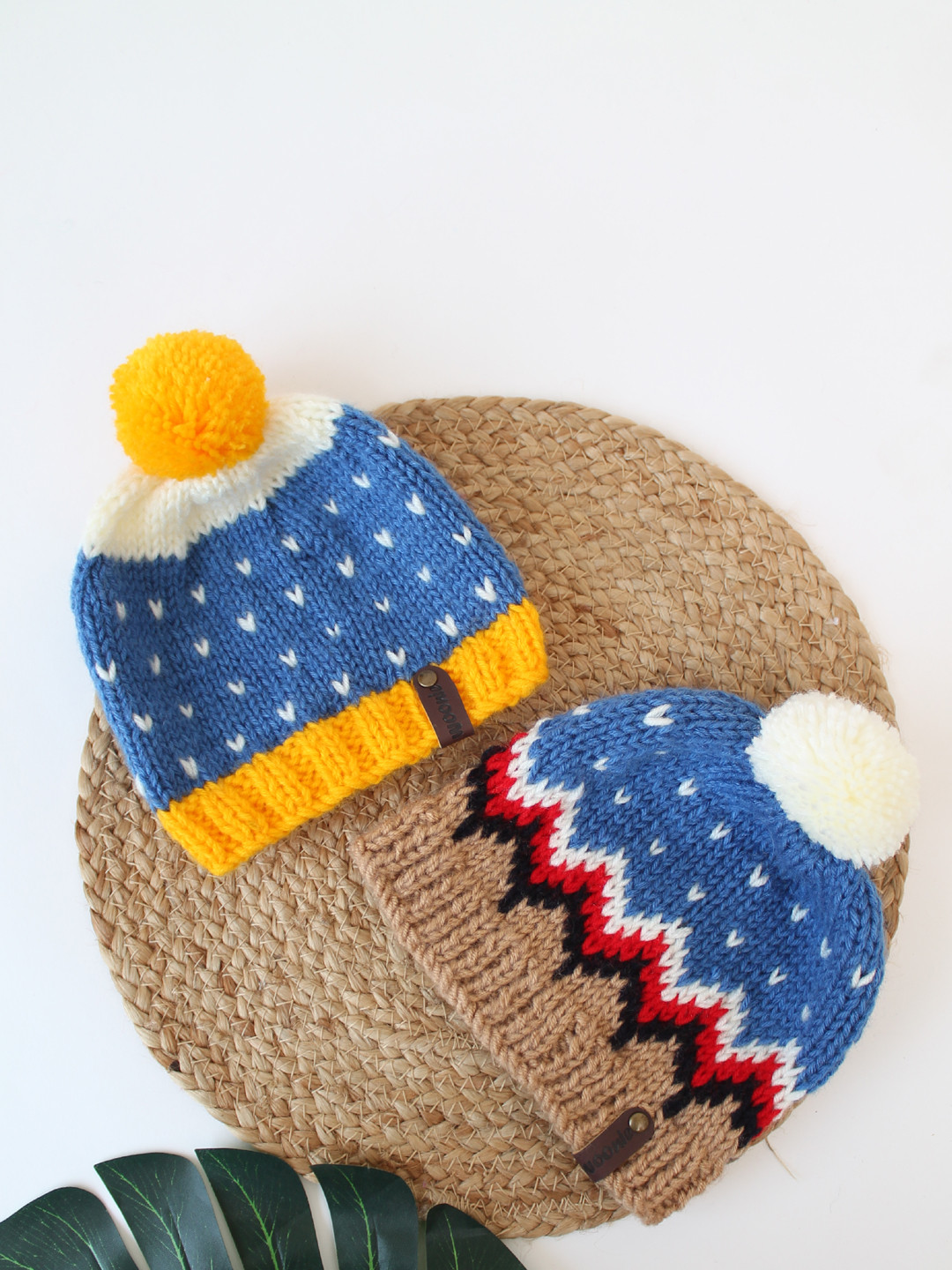 Infants Pack of 2 Heart&Chevron Design HandKnitted Caps-Blue