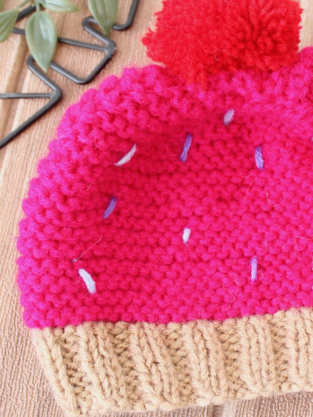 Woonie Handknitted Cupcake with Pom Pom Detailed Cap - Magenta