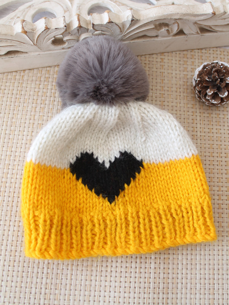 Image of Woonie Handknitted Heart with Pom Pom Designed Cap - Yellow