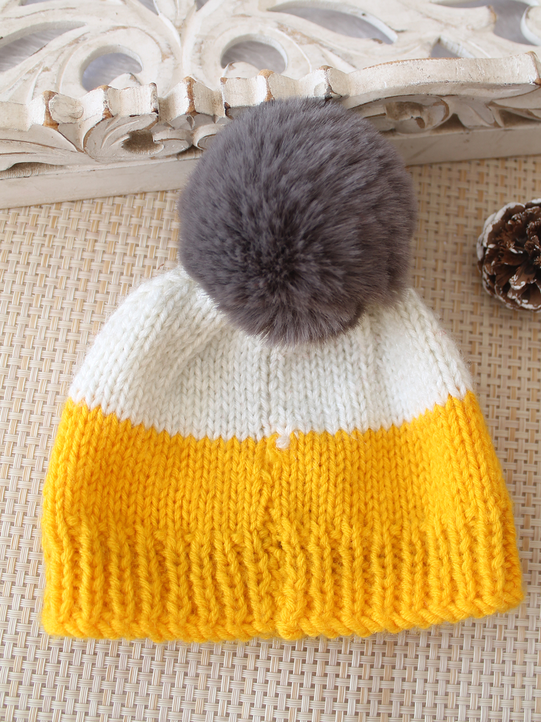 Woonie Handknitted Heart with Pom Pom Designed Cap - Yellow