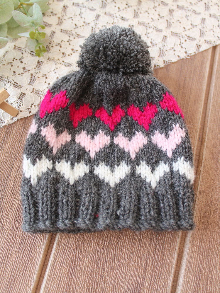 Image of Woonie Handknitted Heart with Pom Pom Designed Cap - Dark Grey