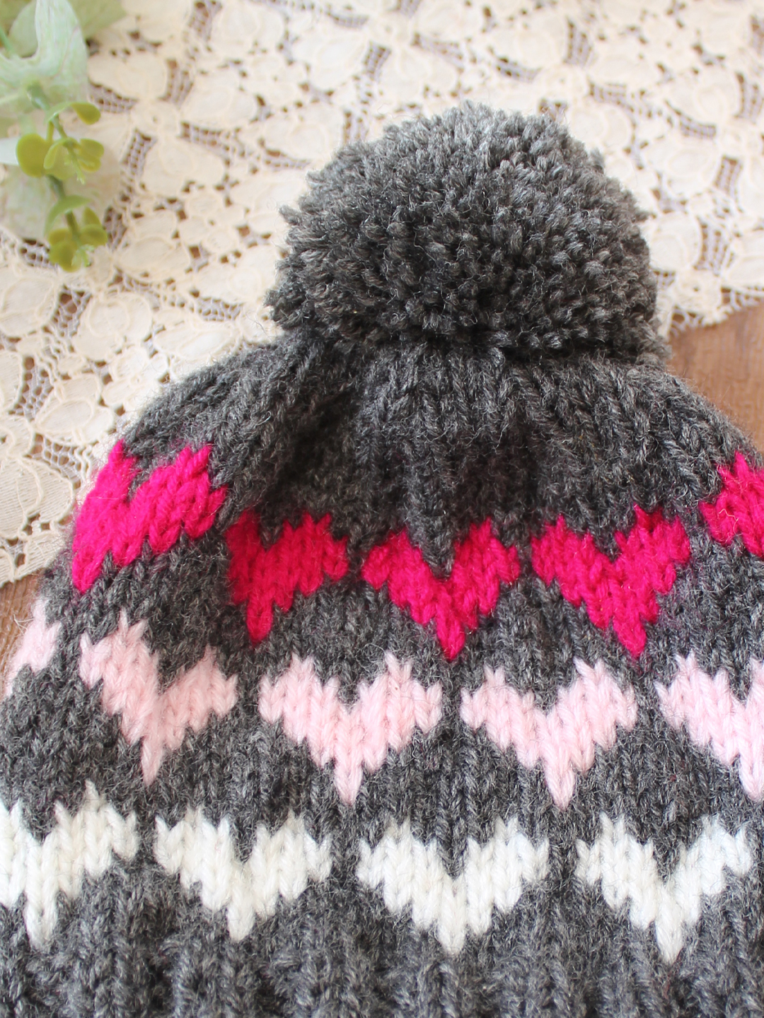 Woonie Handknitted Heart with Pom Pom Designed Cap - Dark Grey