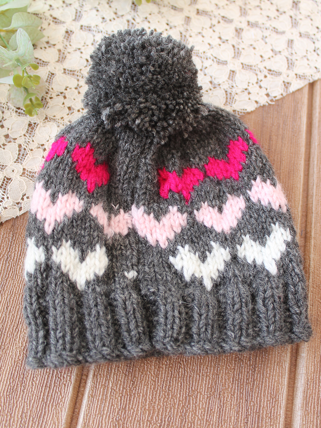 Woonie Handknitted Heart with Pom Pom Designed Cap - Dark Grey