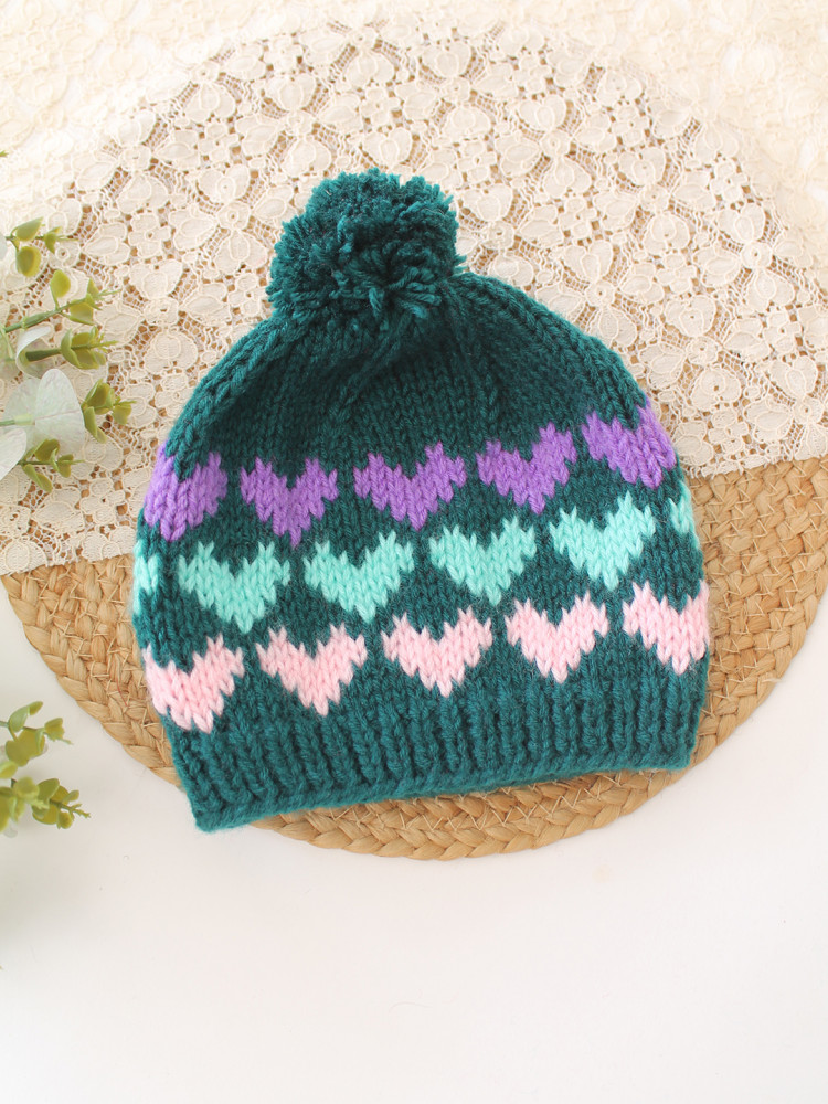Image of Woonie Handknitted Heart with Pom Pom Designed Cap - Green