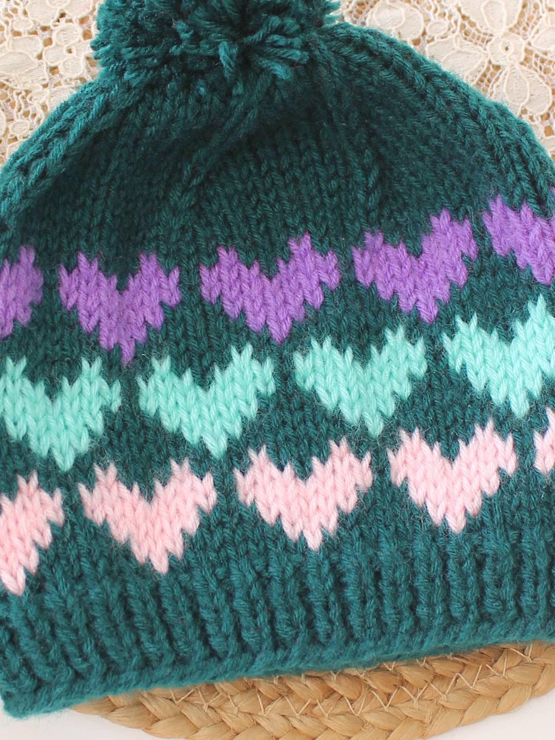 Woonie Handknitted Heart with Pom Pom Designed Cap - Green