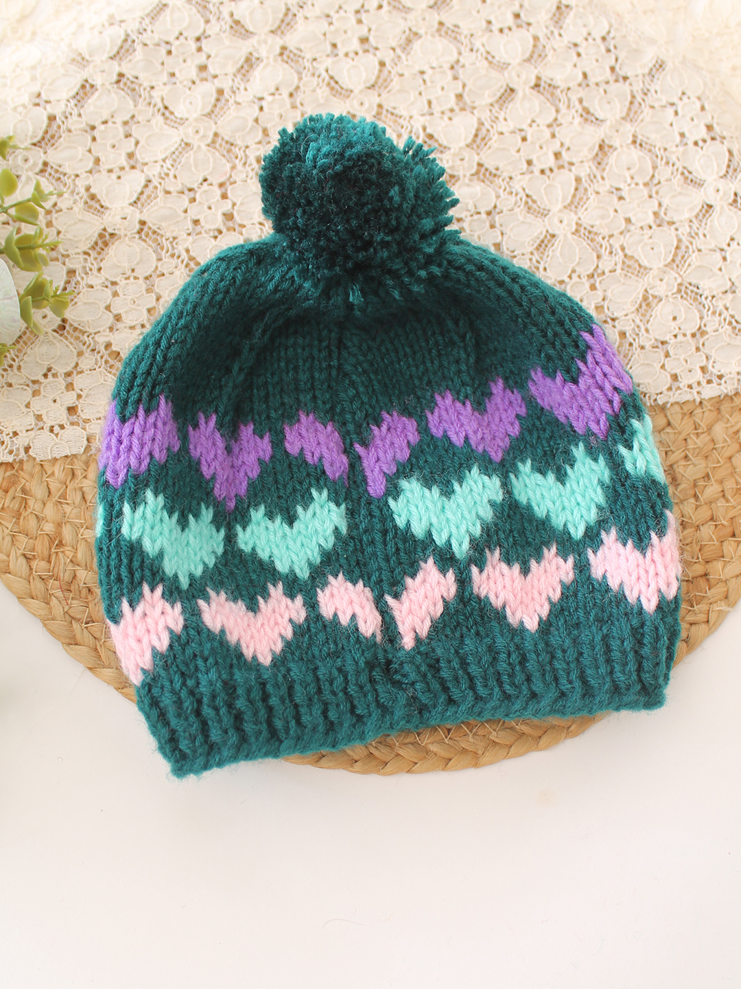 Woonie Handknitted Heart with Pom Pom Designed Cap - Green