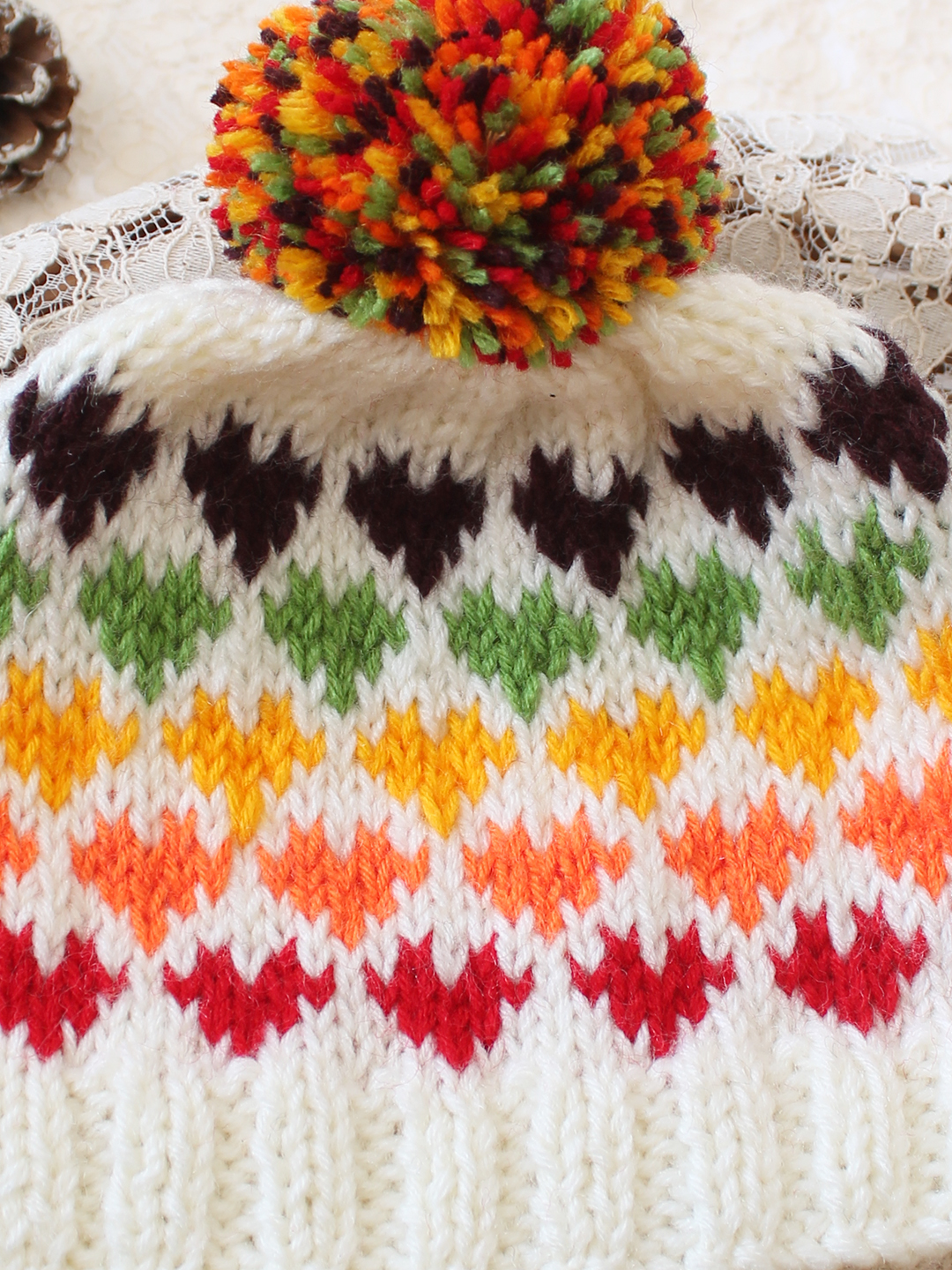 Woonie Handknitted Heart with Pom Pom Designed Cap - Multicolor