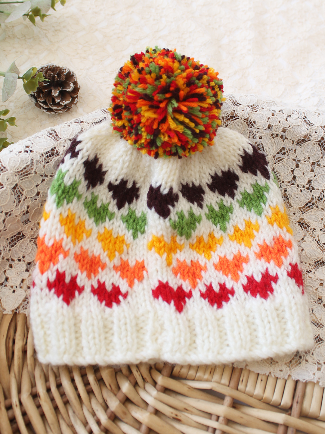 Woonie Handknitted Heart with Pom Pom Designed Cap - Multicolor