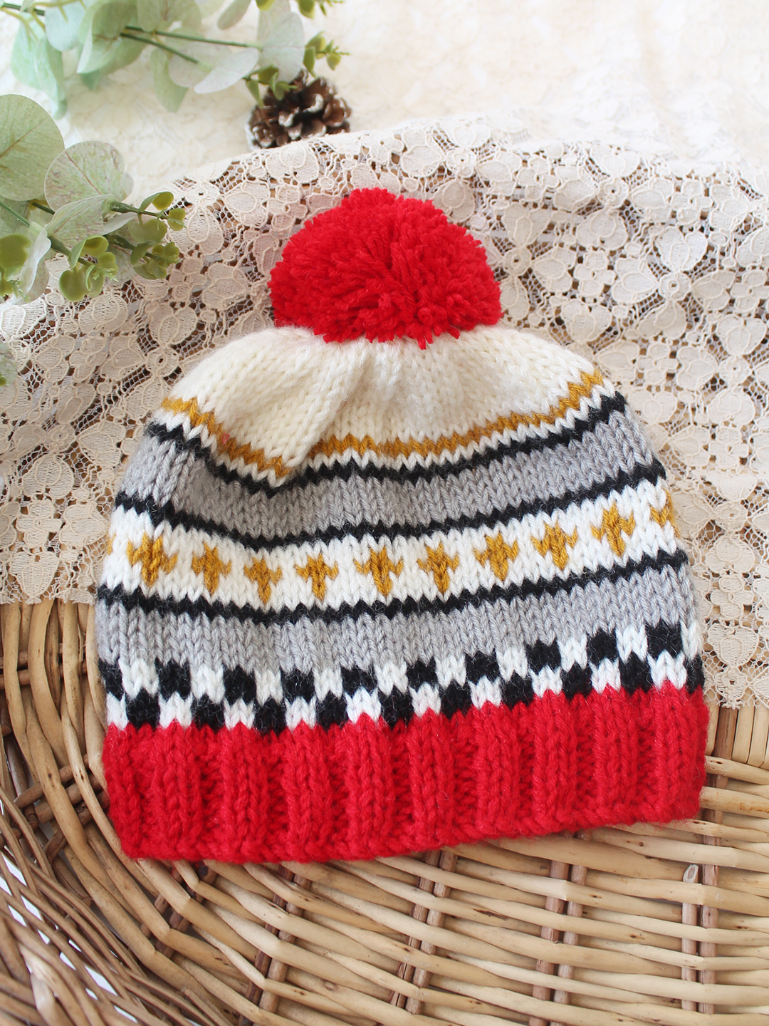 Woonie Handknitted Fair Isle with Pom Pom Design Cap - Multicolor