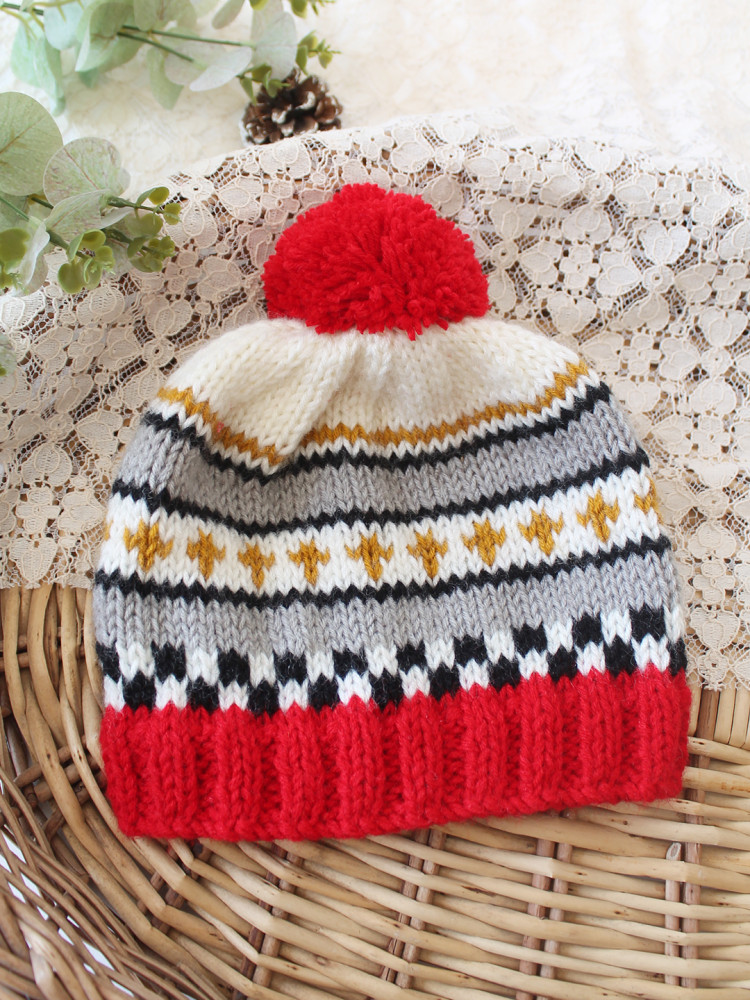 Image of Woonie Handknitted Fair Isle with Pom Pom Design Cap - Multicolor