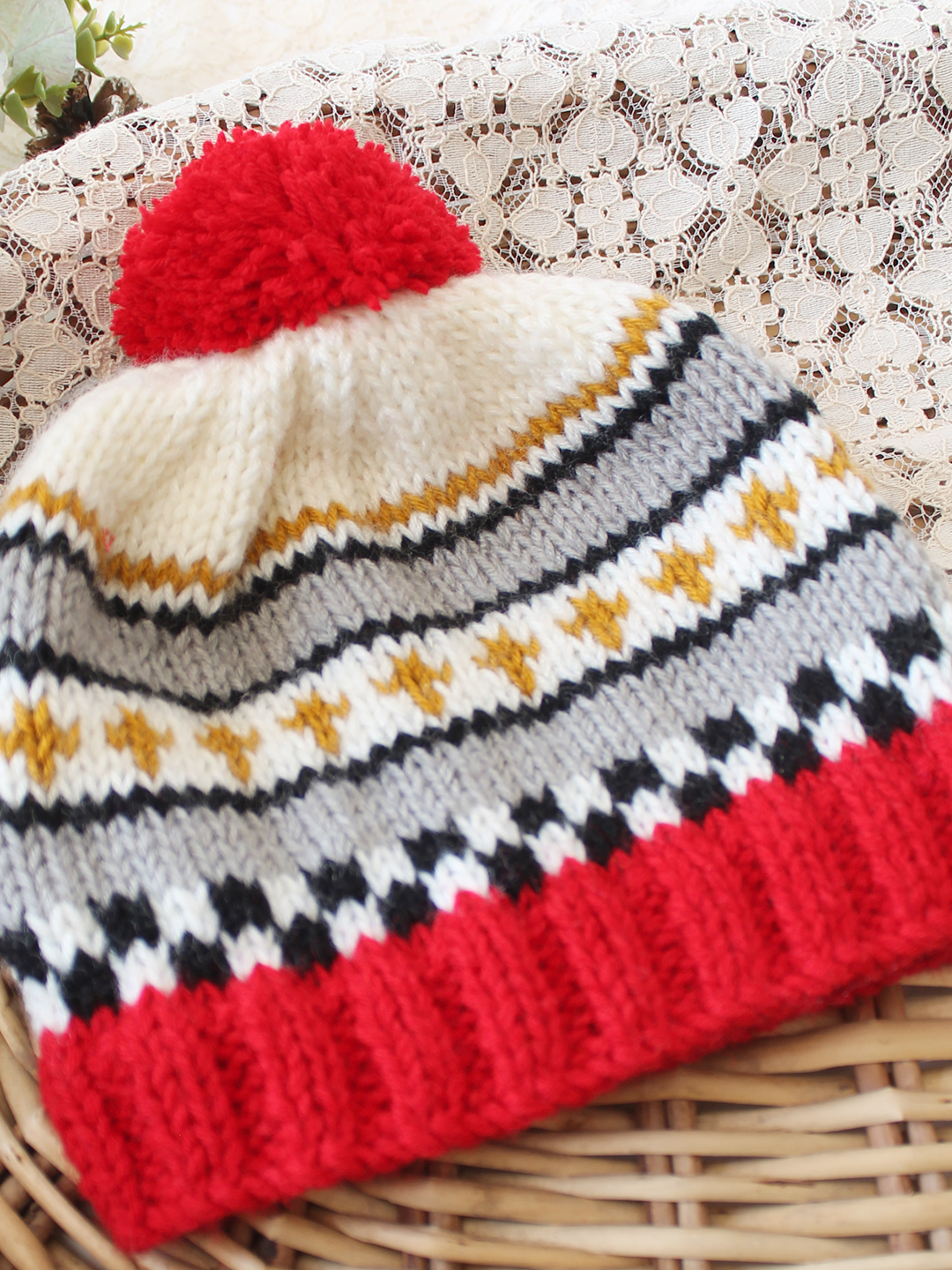 Woonie Handknitted Fair Isle with Pom Pom Design Cap - Multicolor