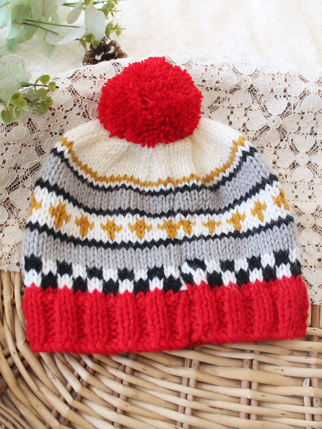 Woonie Handknitted Fair Isle with Pom Pom Design Cap - Multicolor