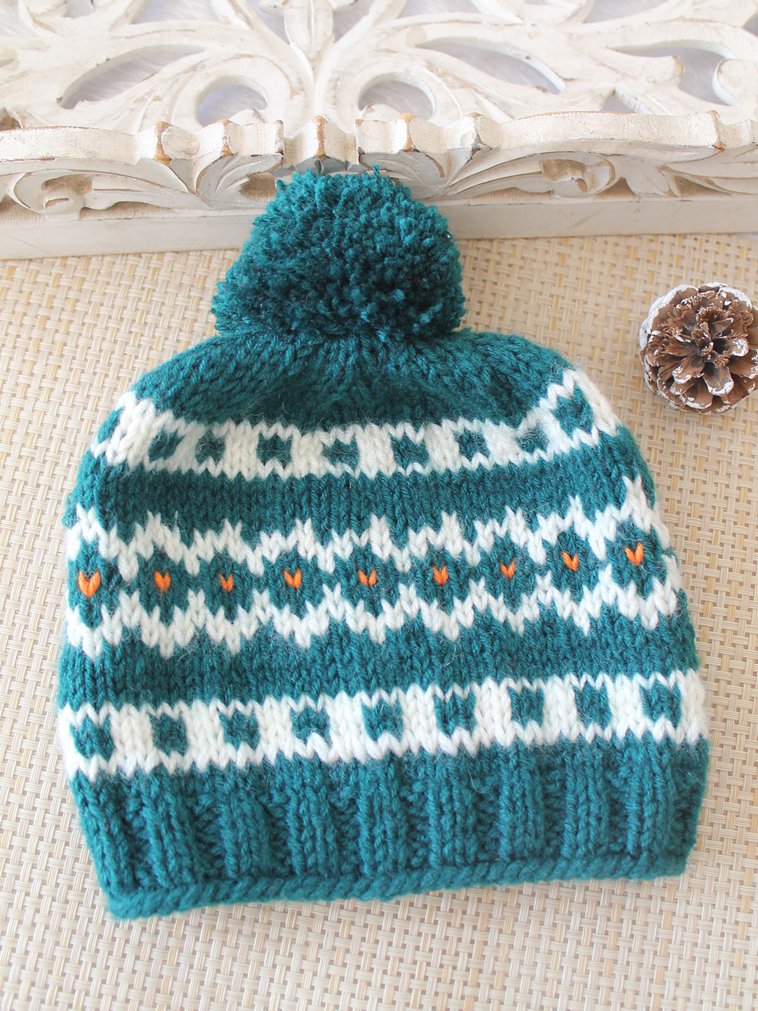 Woonie Handknitted Fair Isle with Pom Pom Design Cap - Green