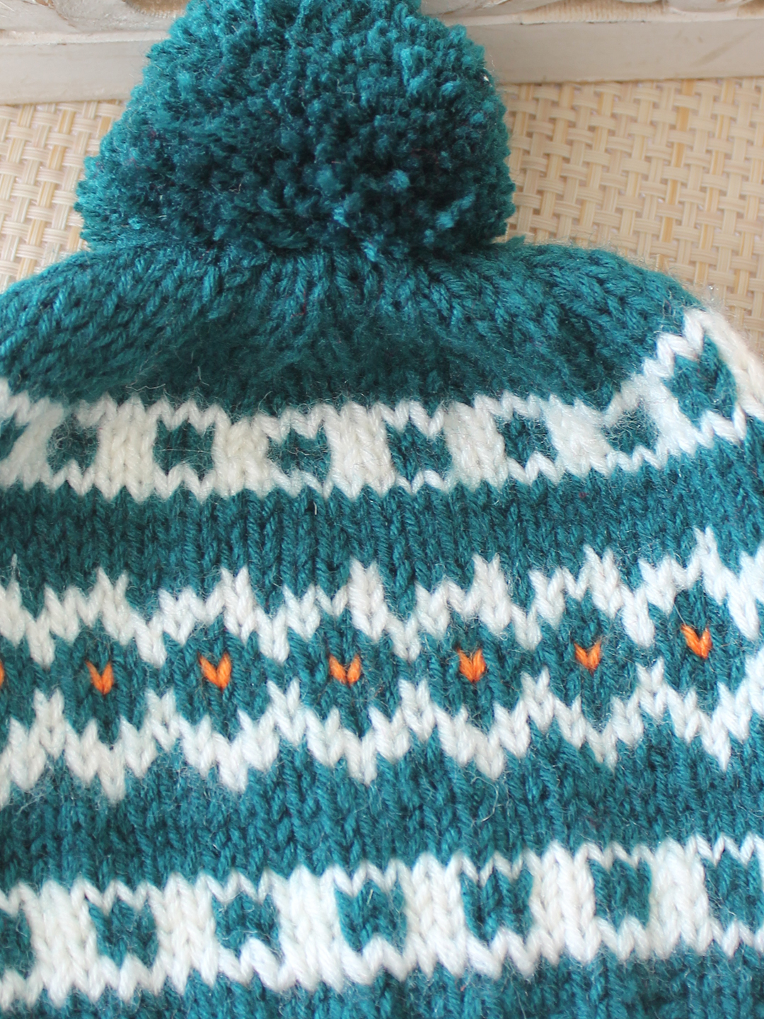 Woonie Handknitted Fair Isle with Pom Pom Design Cap - Green