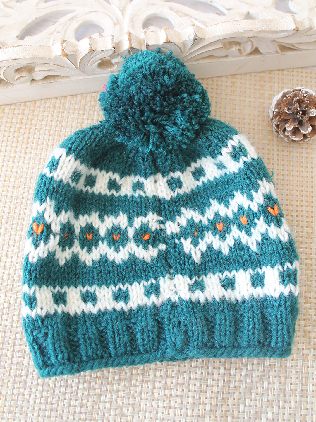 Woonie Handknitted Fair Isle with Pom Pom Design Cap - Green