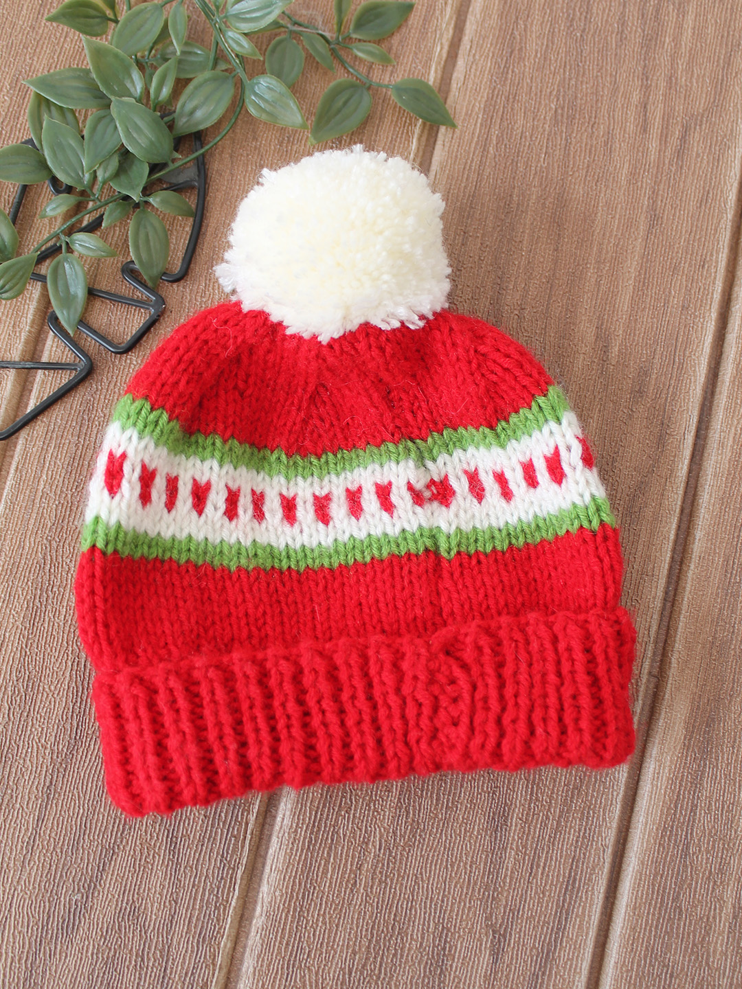 Woonie Handknitted Self Design Pom Pom Designed Cap - Red
