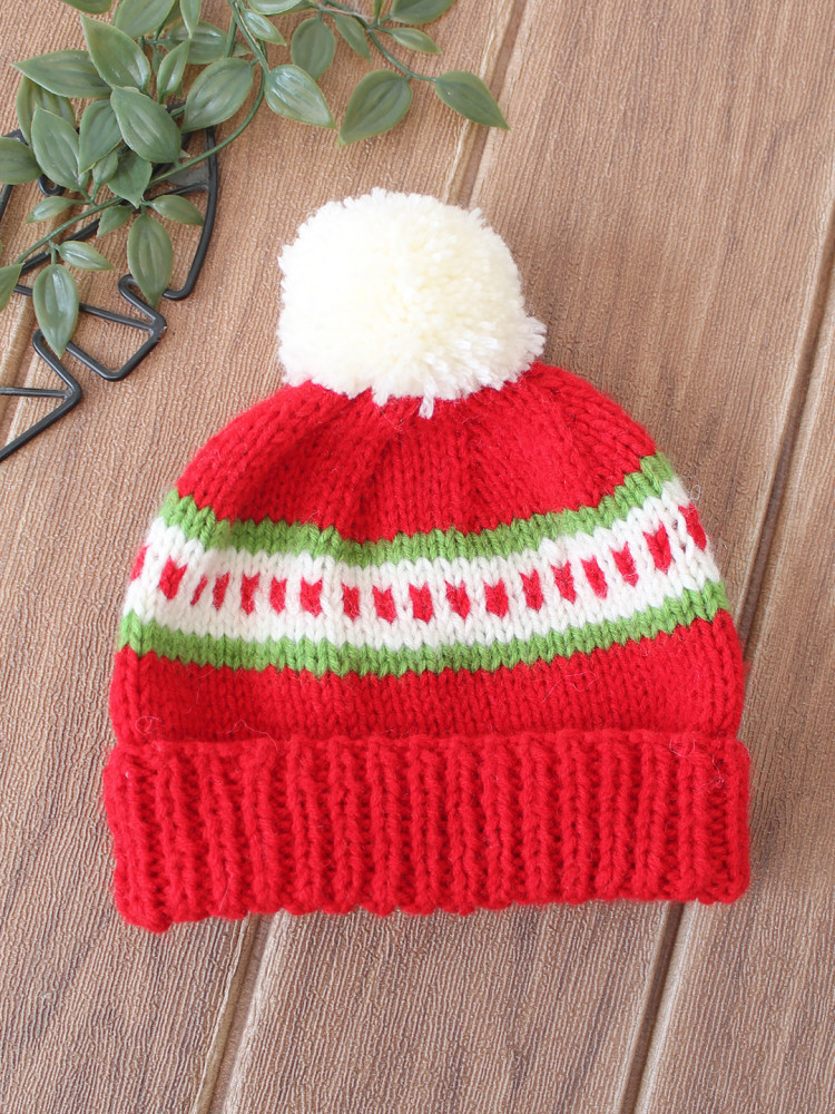 Image of Woonie Handknitted Self Design Pom Pom Designed Cap - Red